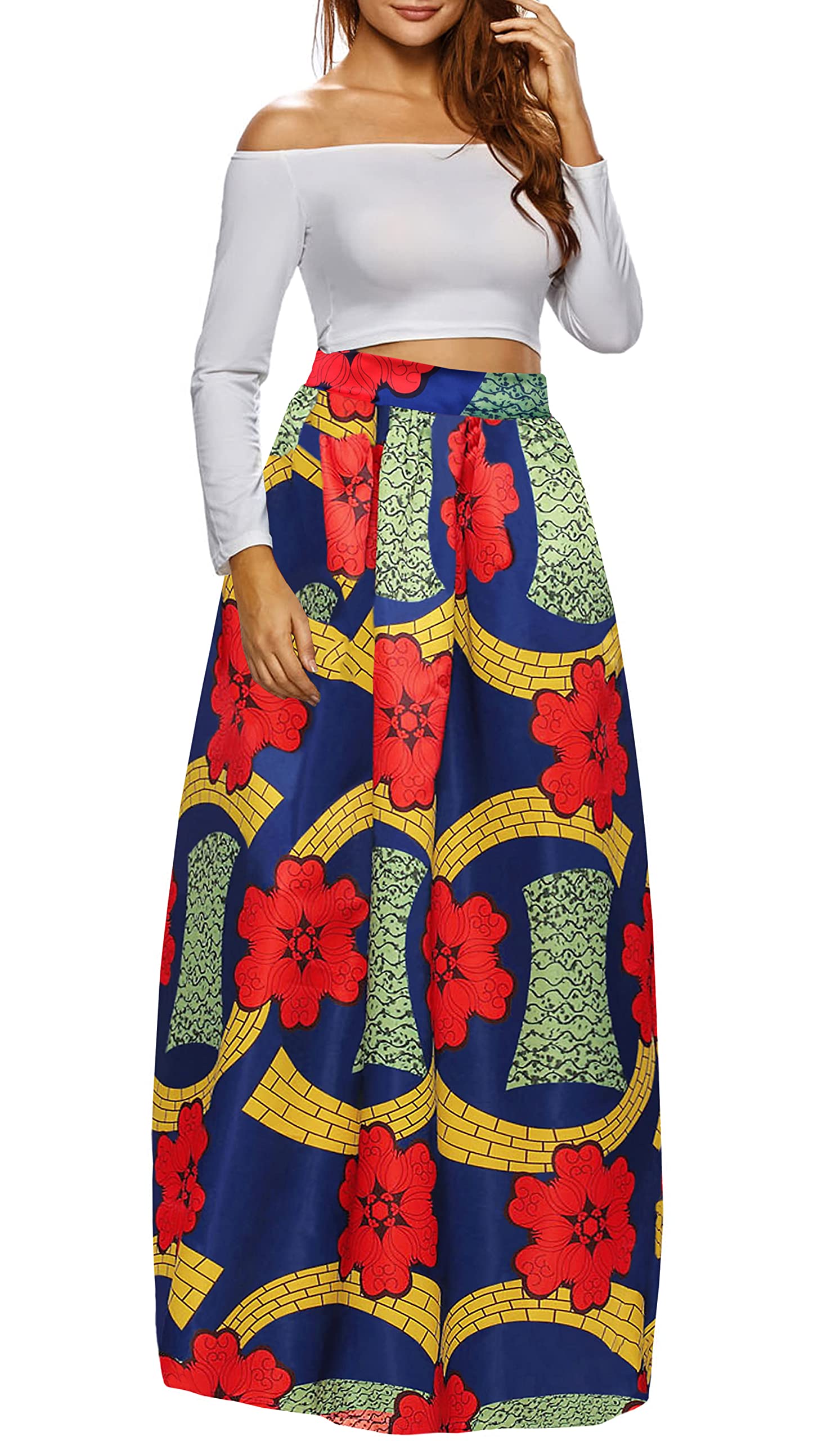 Afibi Women's African Print Maxi Skirt - Flared A-Line Long Skirt with Pockets (Sizes S-5XL) | Boho Chic Summer Dress for Beach, Vacation & Casual Wear