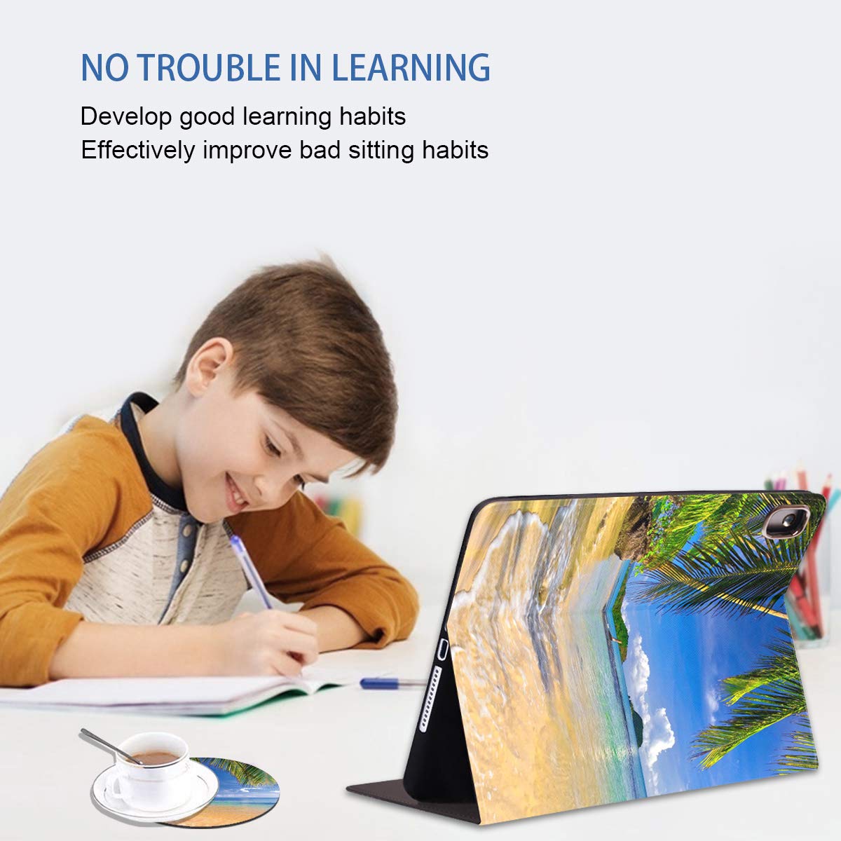 Premium Leather Case for iPad 9.7 (2017/2018), iPad Air 2 & iPad Air - Auto Wake/Sleep Smart Cover with Adjustable Stand | Tropical Beach Shore Palms Design | Perfect for Work, Travel & Home Use