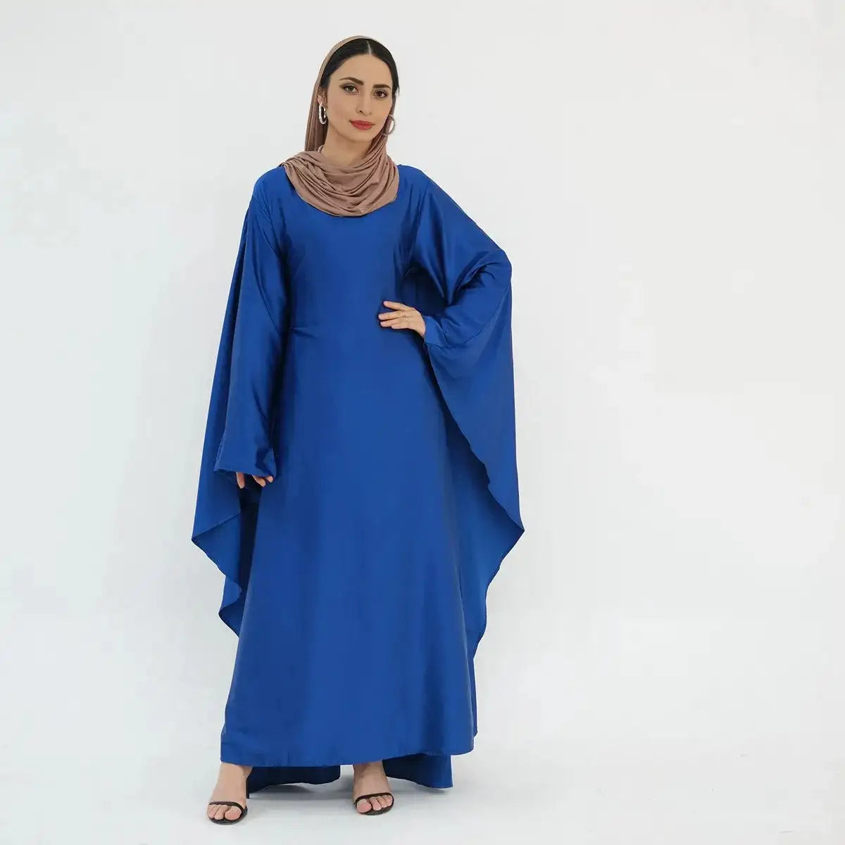 Elegant Butterfly Batwing Sleeve Satin Farasha Abaya Dress with Inner Belt - Modest Muslim Women's Prayer Dress for Special Occasions & Evening Events