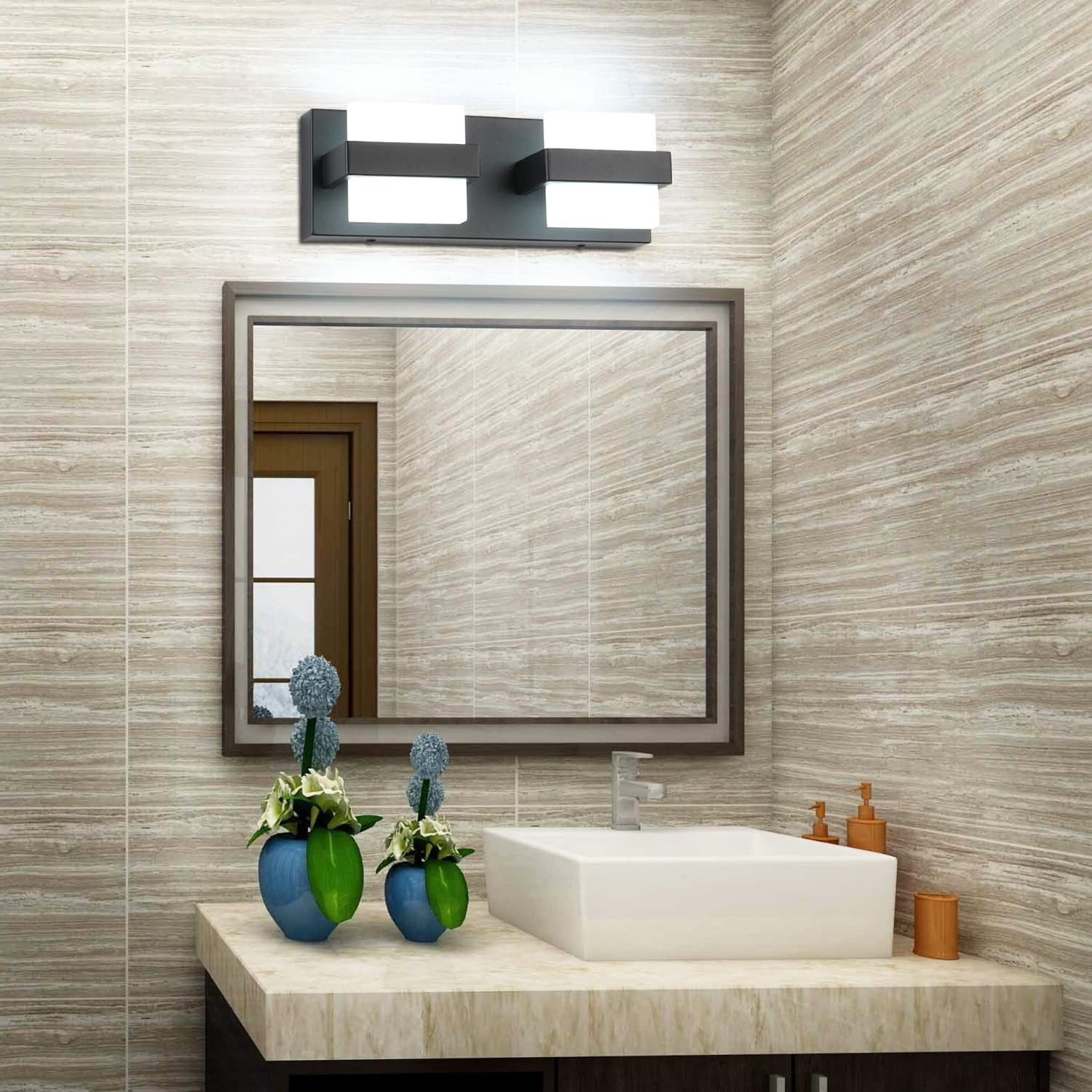 SOLFART 12.6 Inch Modern Black LED Bathroom Vanity Lights - 2 Light Fixtures for Mirror Lighting, Non-Dimmable White Light - Perfect for Bathroom Makeup, Shaving & Grooming Areas