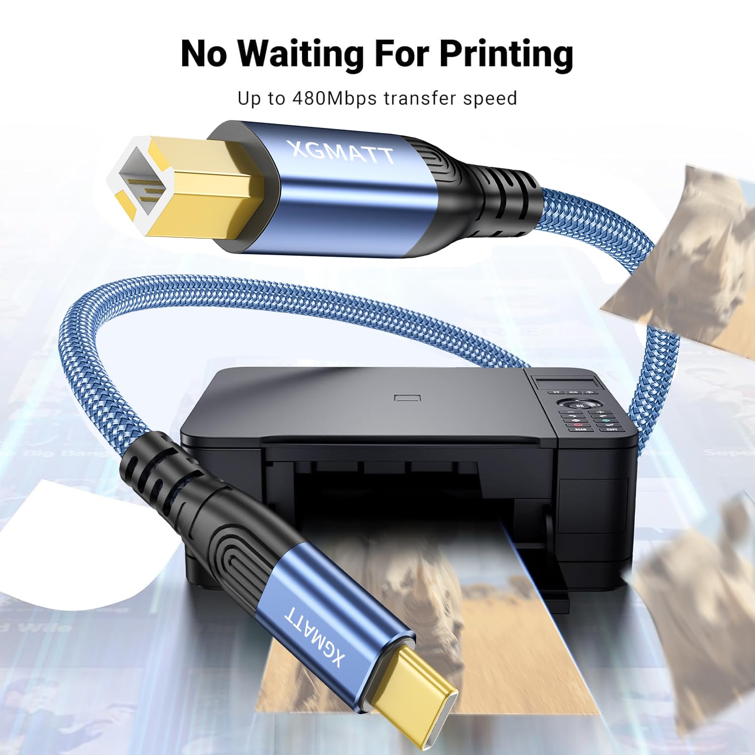 XGMATT USB B to USB C Printer Cable 2M (6.6ft) - High-Speed USB 2.0 Braided Data Cable for HP/Epson/Canon Printers & Scanners - Compatible with iMac, XPS, Acer, ASUS Laptops & MacBook Pro - Perfect for Home Office & Printing Setup