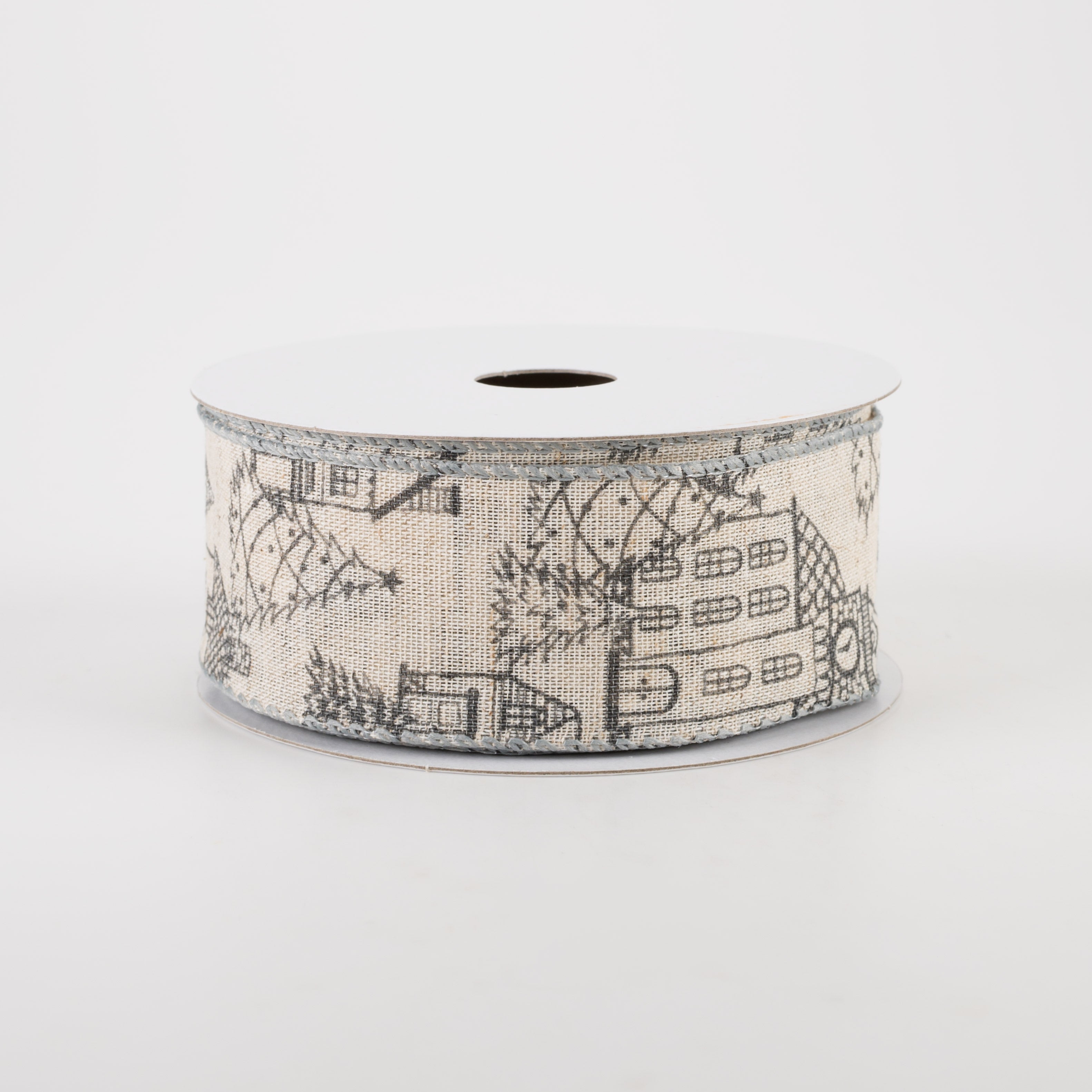 1.5 Inch Ivory Canvas Outlined Houses Ribbon - Grey (10 Yards) for DIY Crafts, Gift Wrapping, and Home Decor