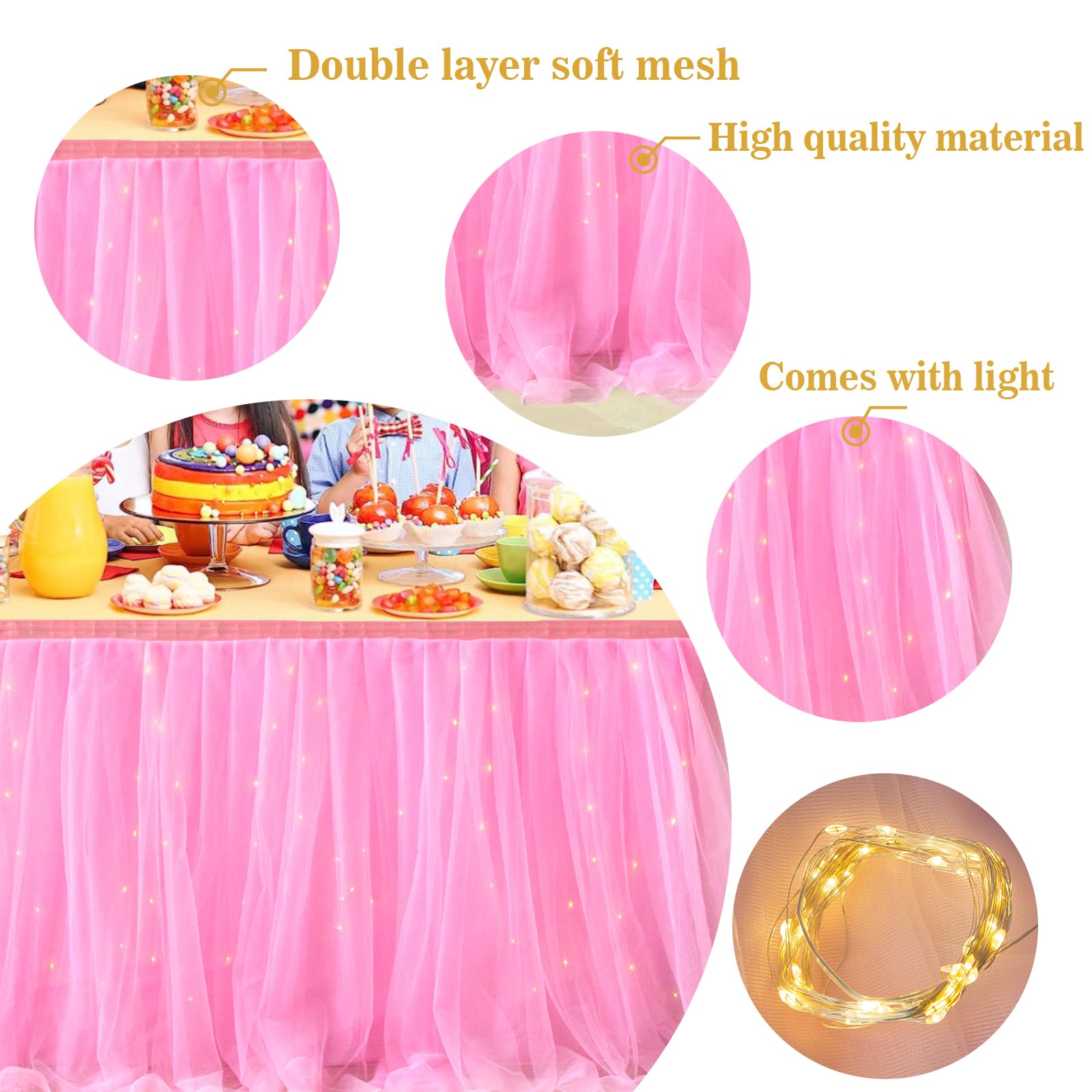 Albassa Pink Tulle Table Skirt with LED Lights - 9ft Long x 30in High Tutu Table Cover for Rectangle or Round Tables | Perfect for Baby Showers, Birthday Parties, Wedding Receptions & Cake Table Decorations