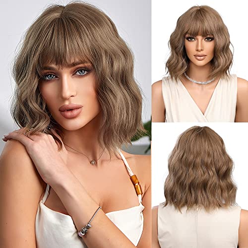Short Wave Ash Blonde Bob Wigs With Bangs - Natural Looking Synthetic Hair for Cosplay & Daily Wear