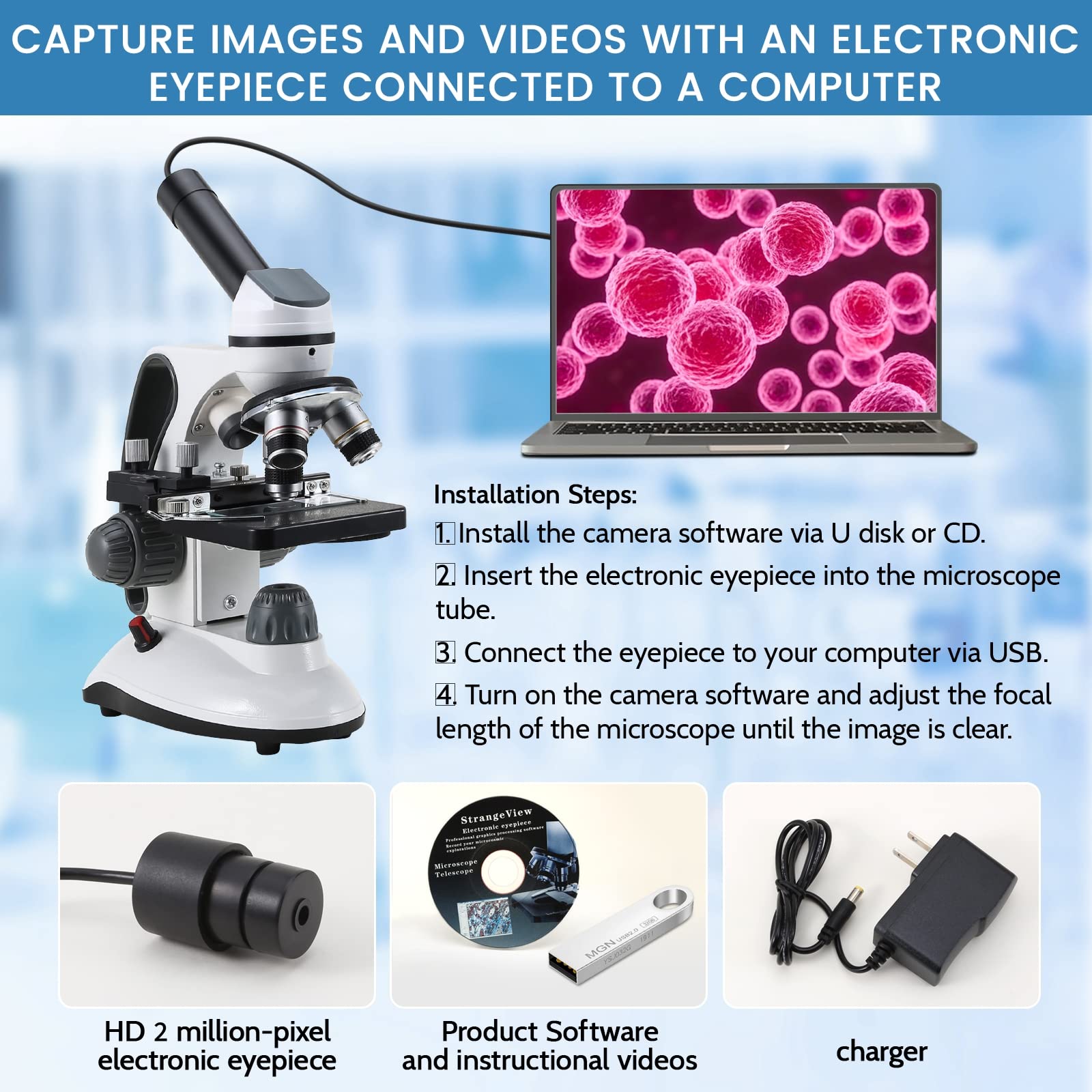 40X-2000X Professional Microscope for Kids, Students & Adults - with 30 Prepared Slides, 2.0MP Camera & Phone Adapter - Perfect for School Labs, Home Education & Scientific Exploration