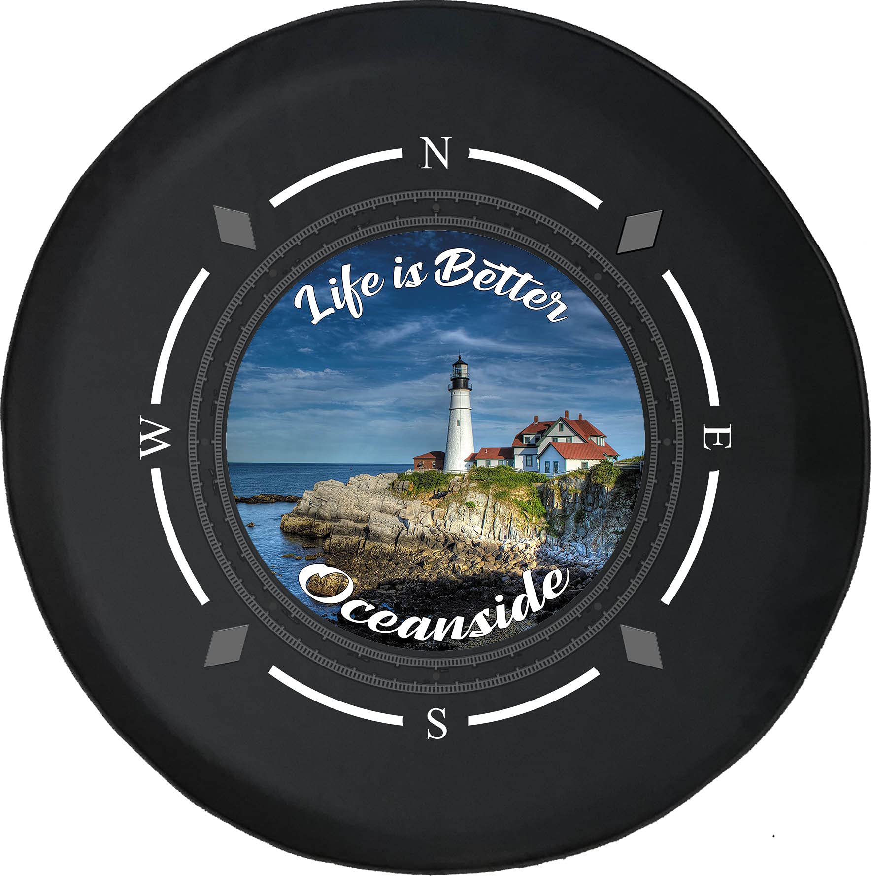 Premium American Unlimited Spare Tire Cover with Compass Design - Life is Better Oceanside Lighthouse Pattern - Universal Fit for SUV, Trailer, RV & Most Vehicles | Durable Wheel Protection for Off-Road Adventures & Camping Trips