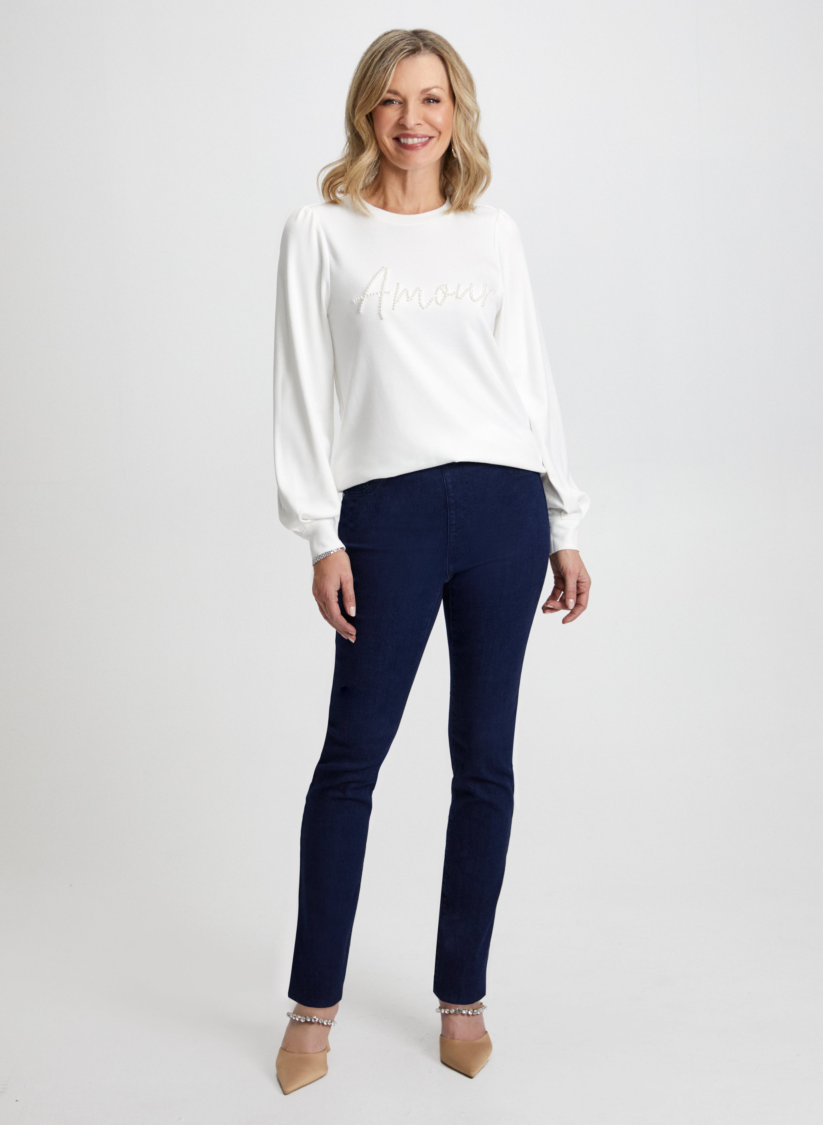 Stylish Beaded Text Detail Top & High-Waisted Jeans Set for Women | Trendy Casual Outfit for Parties, Dates & Everyday Wear