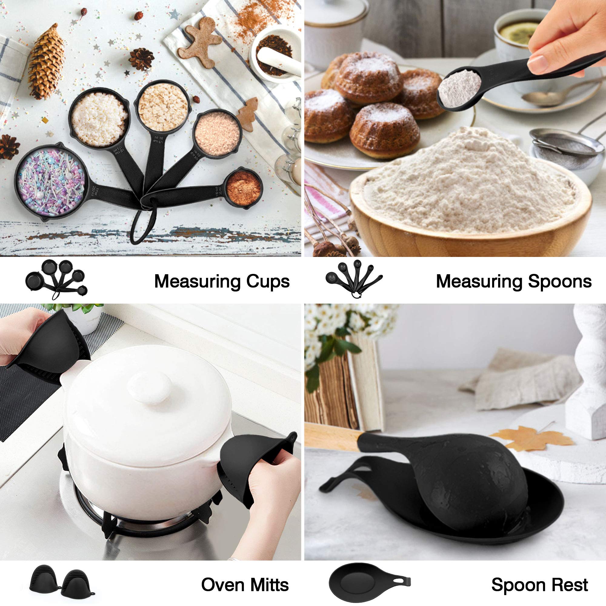 LIANYU 38-Piece Premium Kitchen Utensil Set with Holder - Heat Resistant Silicone Spatulas, Wooden Handle Cooking Tools for Nonstick Cookware - Perfect for Baking, Frying & Everyday Cooking (Black)