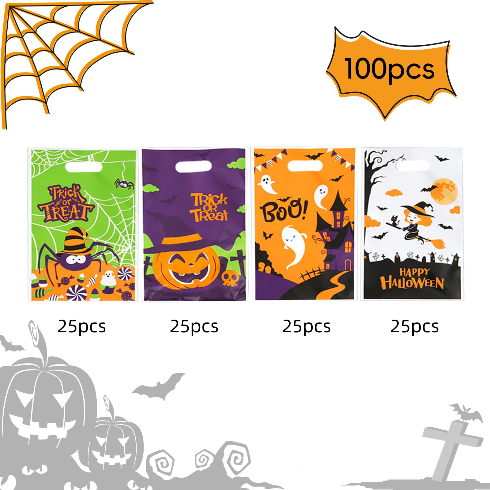 Jocomoni 100Pcs Halloween Goodie Bags with Handles - Plastic Trick or Treat Candy Bags for Halloween Party Favors & Supplies - Perfect for Classroom Treats, Neighborhood Trick-or-Treating & Halloween Events