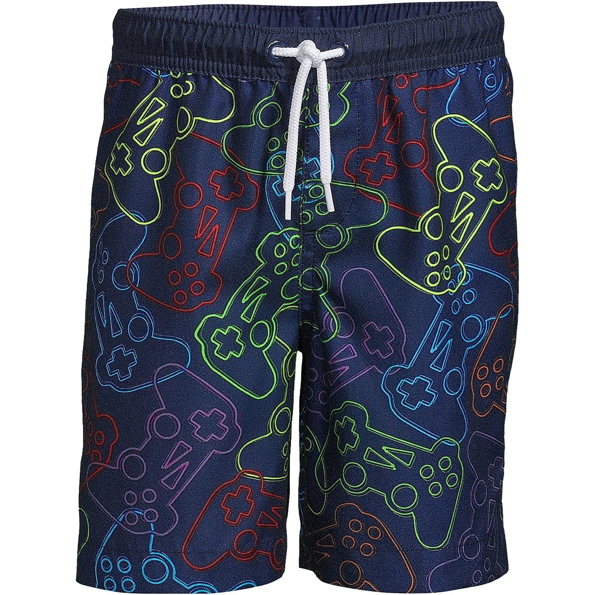 Lands' End Boys' Swim Trunks - Deep Sea Navy with Game Controller Print - Kids Husky Size X-Large - Perfect for Beach, Pool & Summer Water Activities