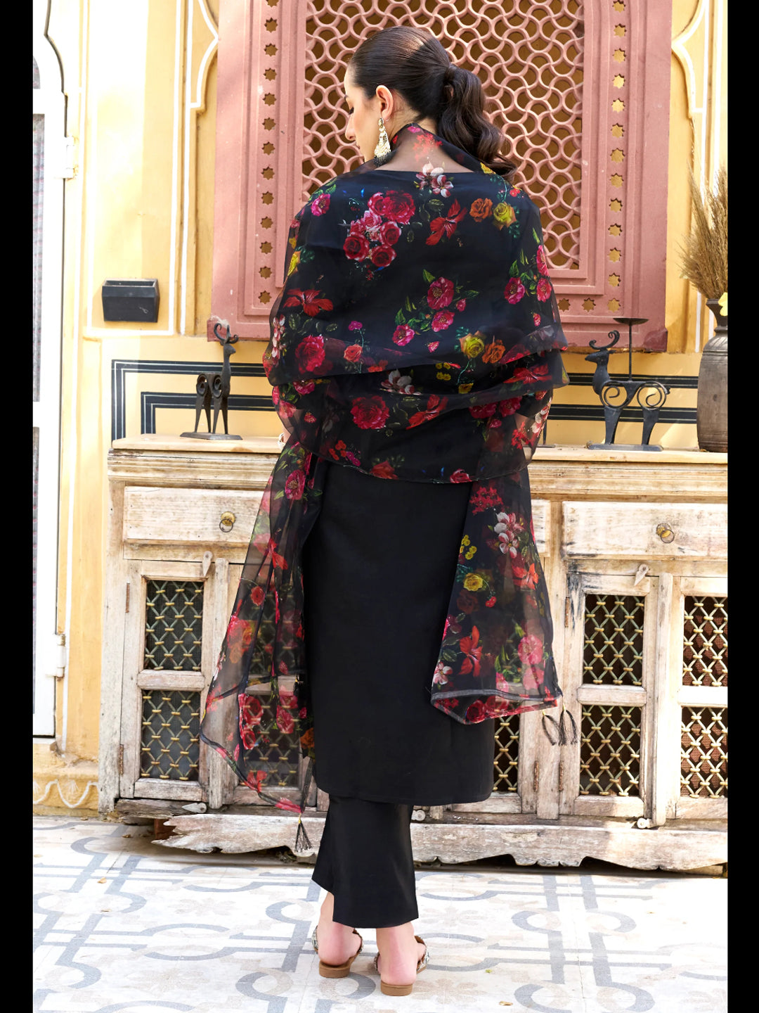 Elegant Black Ready-Made Pant Suit with Organza Dupatta for Women | Formal Office Wear & Wedding Guest Outfit