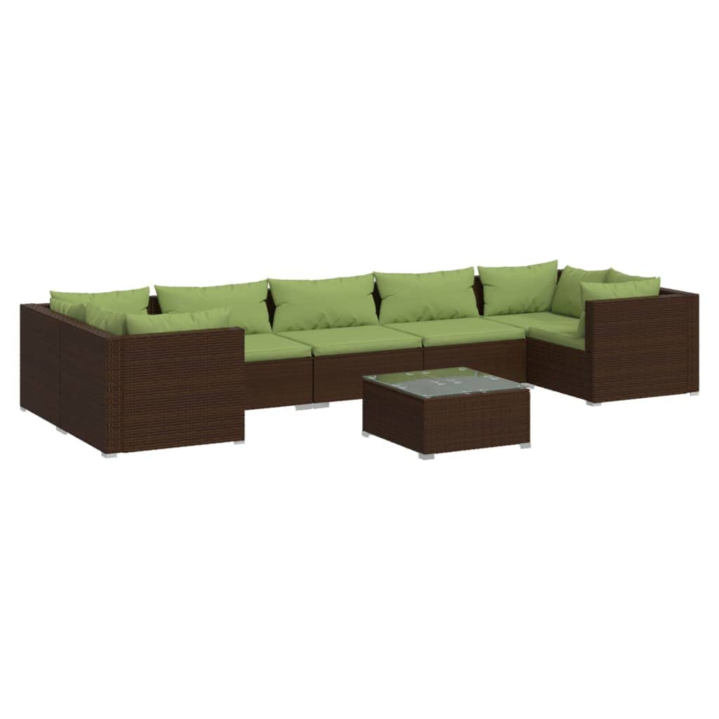 vidaXL 8-Piece Patio Lounge Set - Brown Poly Rattan Outdoor Furniture with Sturdy Steel Frame, Water-Resistant PE Wicker & Comfortable Green Cushions - Perfect for Garden, Poolside, Backyard and Terrace Relaxation