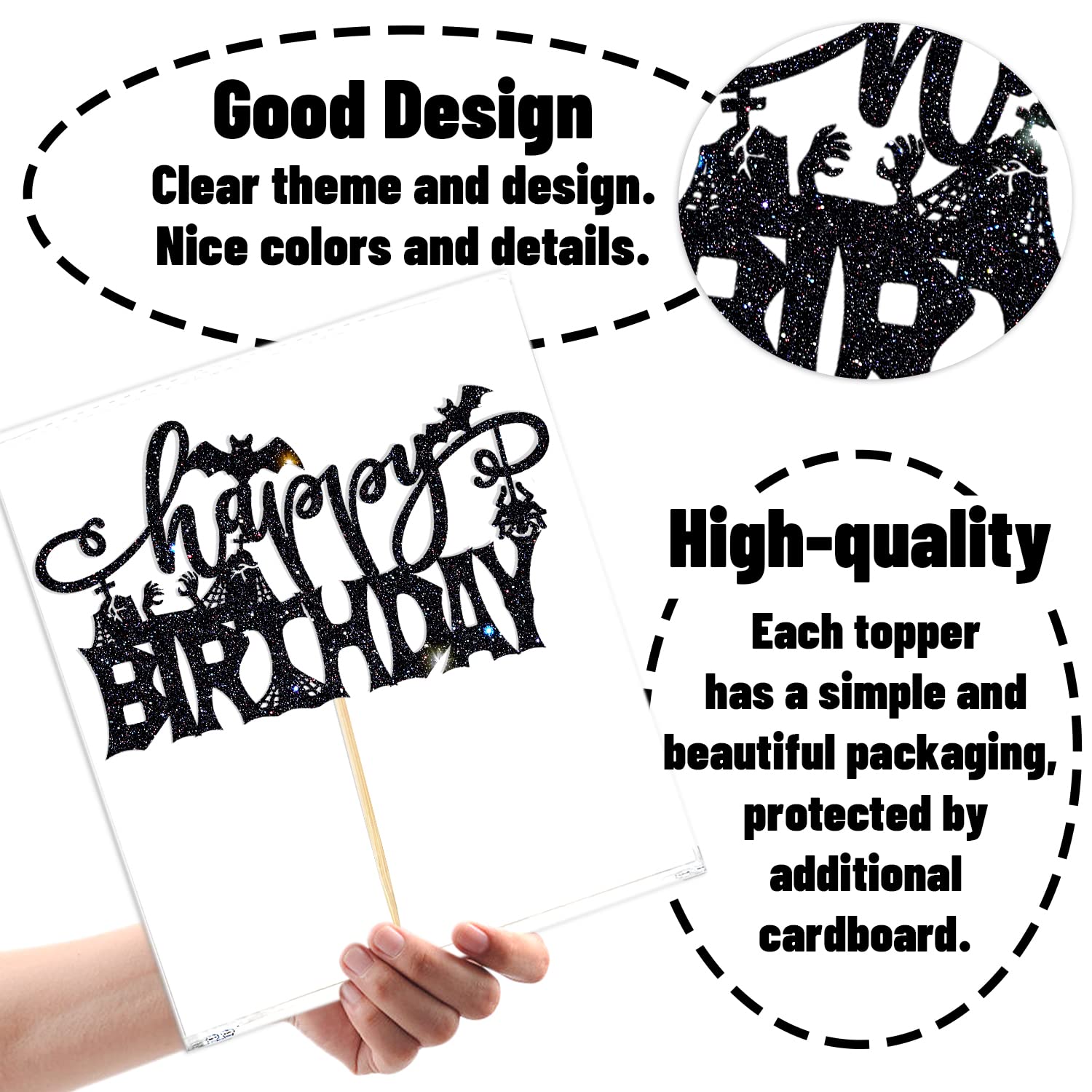 Spooky Zombie Halloween Birthday Cake Topper - Black Glitter Bat & Ghost Cake Decorations for Adult & Kids Parties - Perfect for Halloween Celebrations, Spooky Birthday Cakes, and Themed Dessert Displays