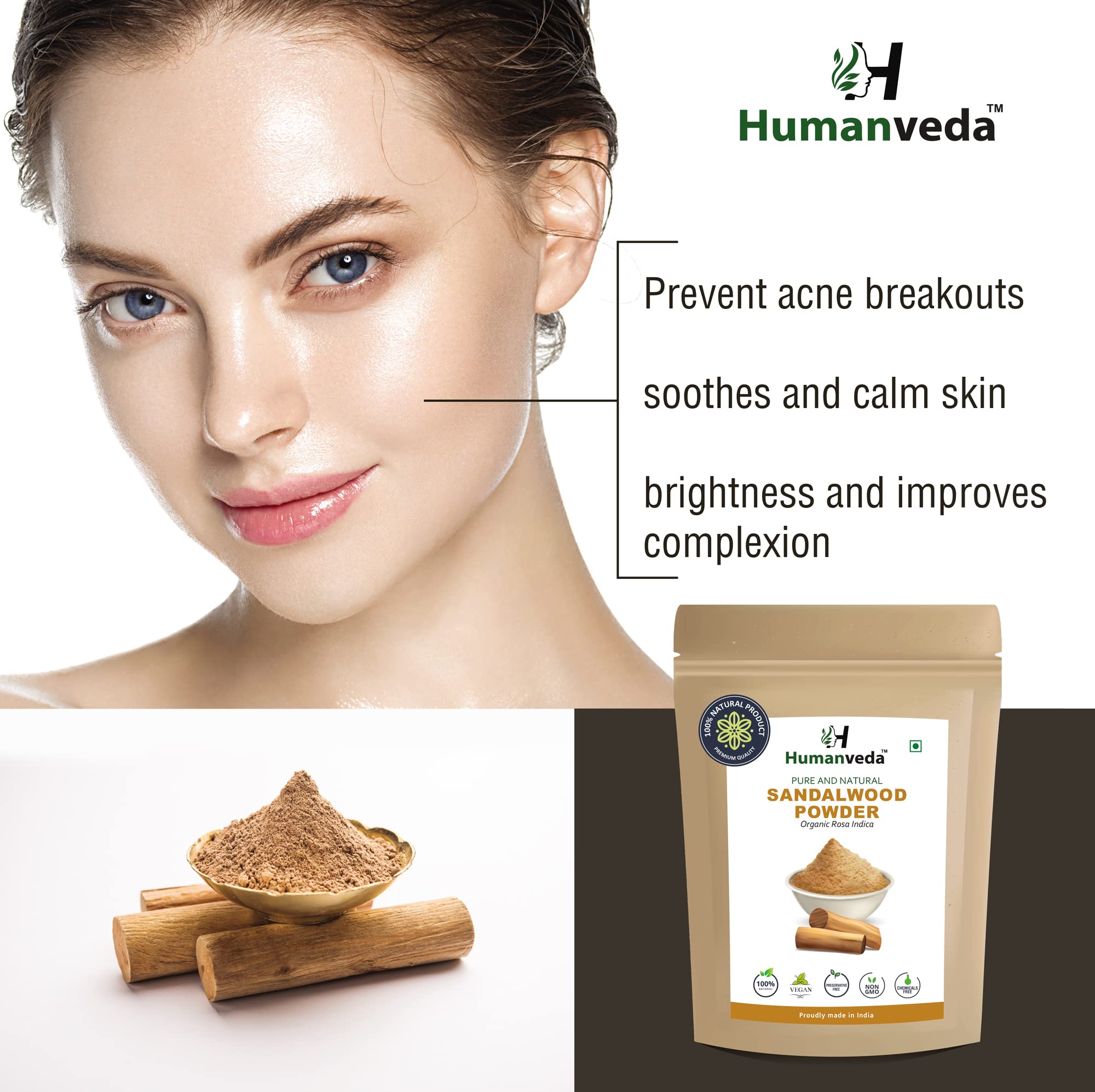Humanveda Natural Herbal Sandalwood Powder (Chandan Powder) 100g - 2 Pack for Skin Whitening, Facial Care, Face Mask & Glowing Skin | Ayurvedic Beauty Treatment for Acne, Dark Spots & Skin Brightening | Perfect for DIY Spa, Skincare Routine & Holistic Beauty Regimen