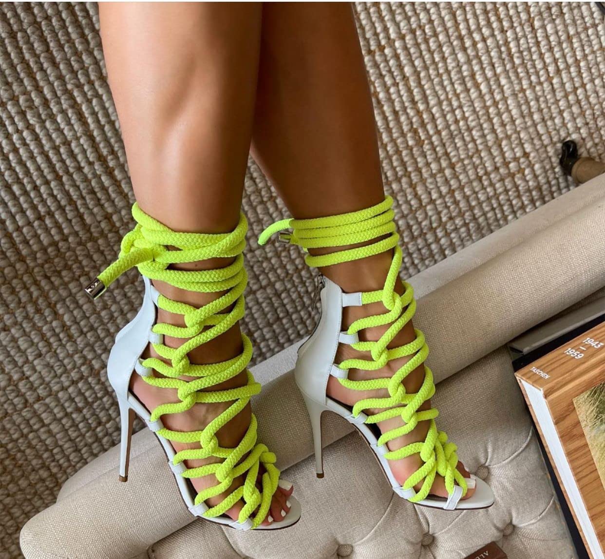 Women's Neon Green Rope Heeled Sandals - Strappy Stiletto High Heels with Lace Up Open Toe & Criss Cross Gladiator Design - Perfect for Summer Parties, Beach Weddings and Night Out