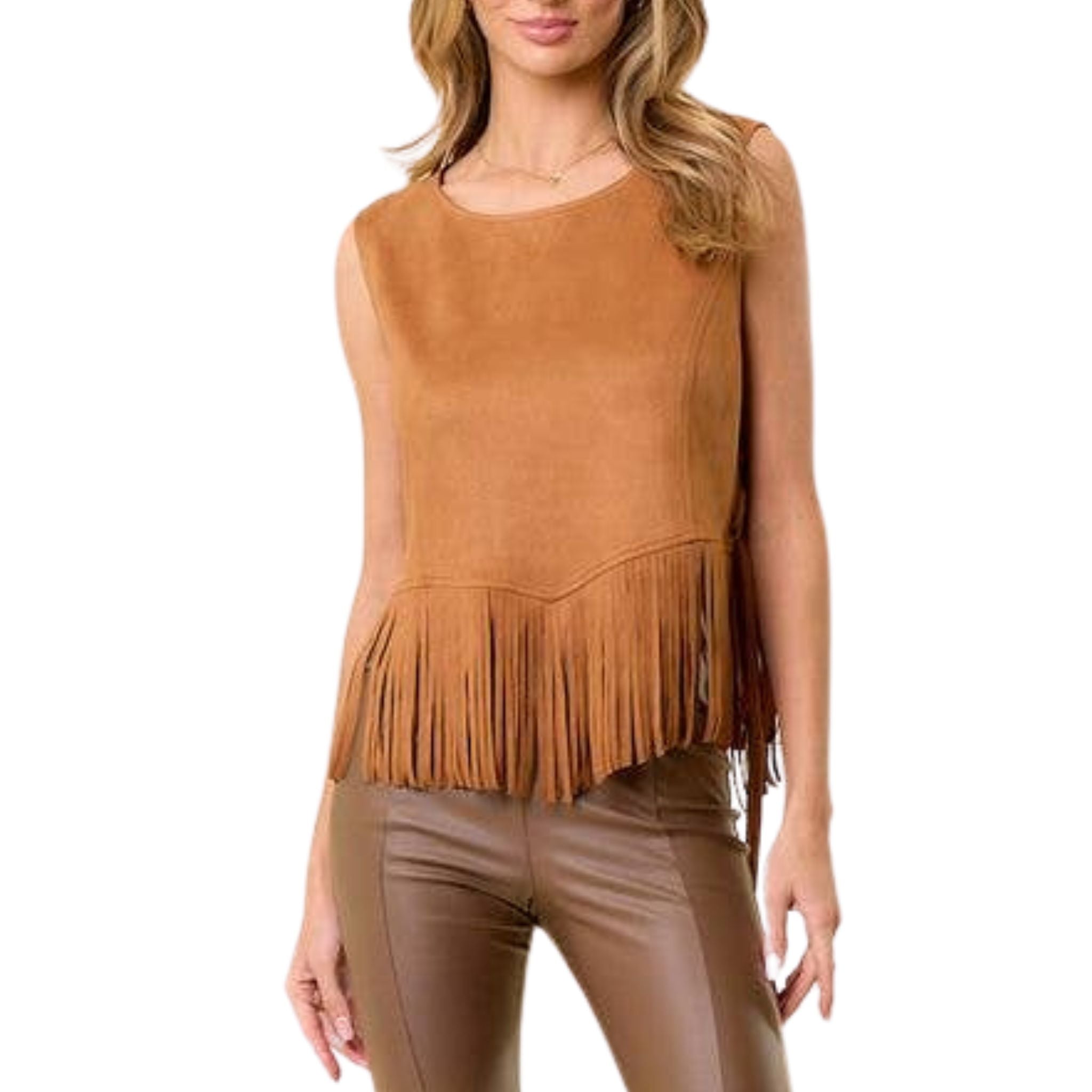 Camel Side Lace Up Fringed Top - Bohemian Chic Women's Blouse for Casual Wear & Festival Outfits