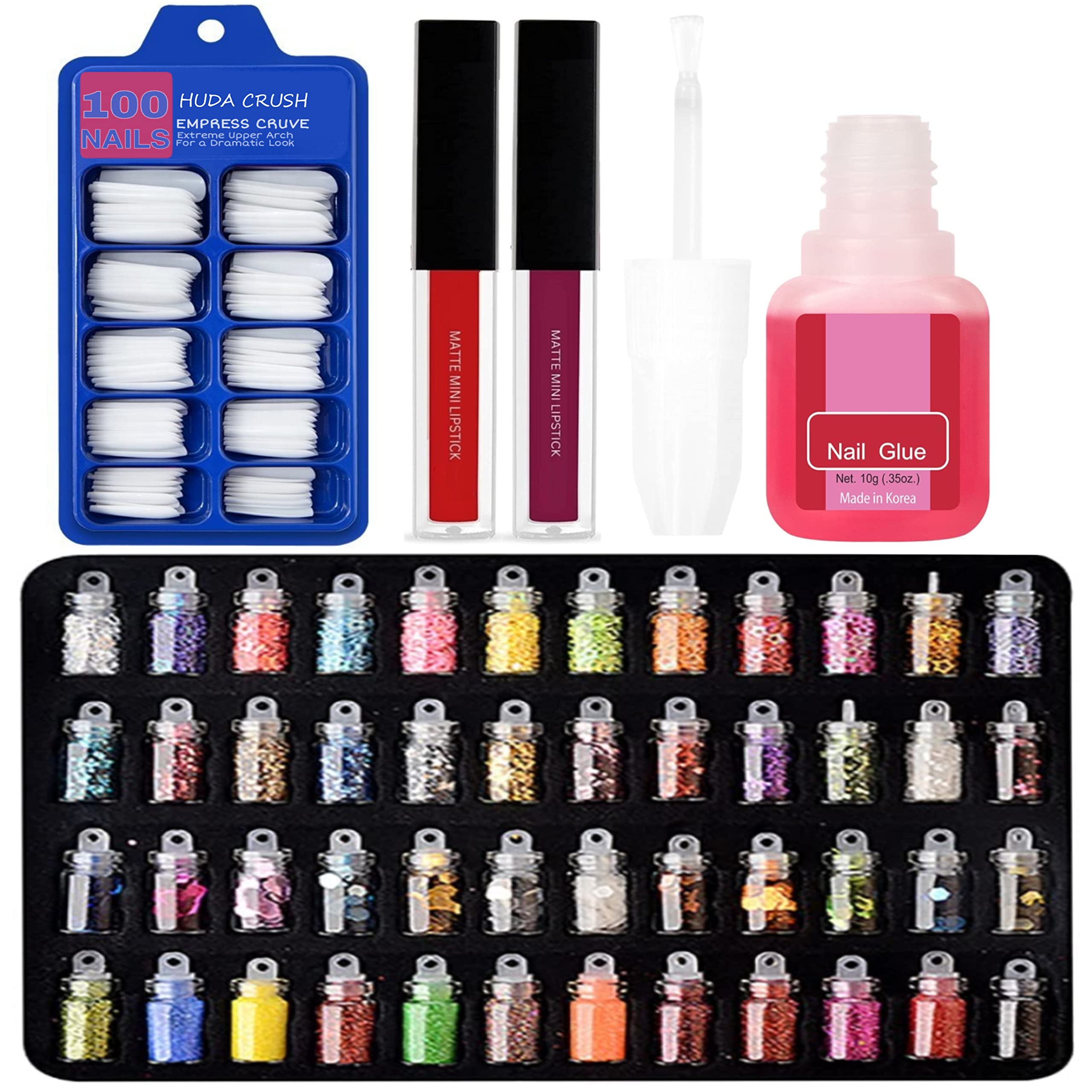 HUDACRUSH 100 Pcs Artificial Nails Kit with 48 Glitter Bottles, Nail Glue & Red Lipstick - Perfect for DIY Nail Art, Parties, and Special Occasions