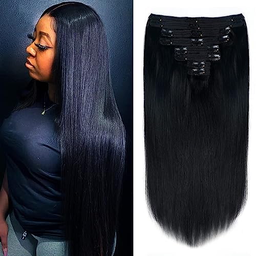 Lysilf Clip-in Hair Extensions for Black Women | 8Pcs Brazilian Virgin Human Hair | 24inch Straight Remy Hair with 18 Clips | Double Lace Weft 120g (Jet Black) | Perfect for Daily Styling, Parties & Special Occasions