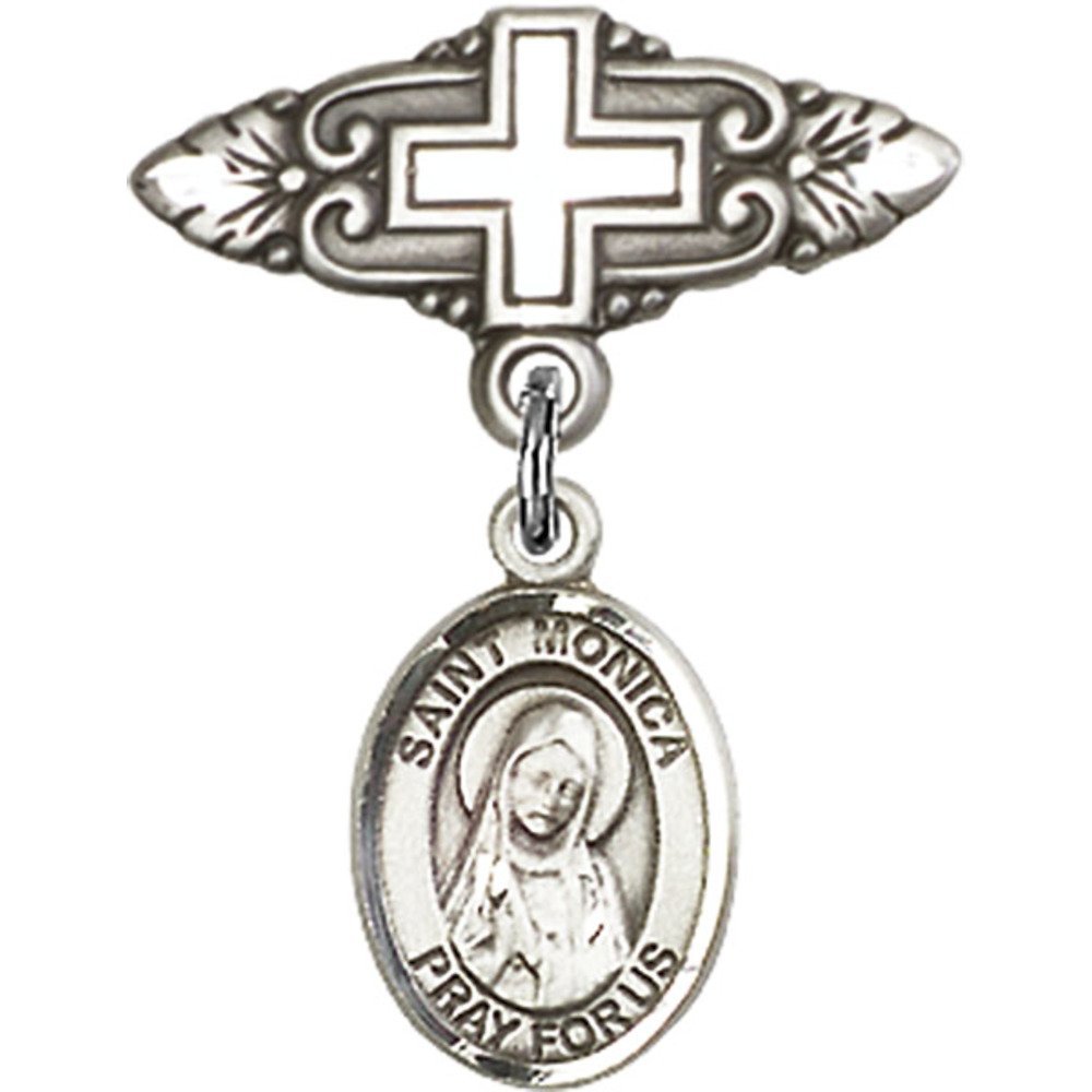 St. Monica Sterling Silver Baby Badge with Cross Charm & Pin - 1 X 3/4 Inch - Perfect for Christenings, Baptisms & First Communion Gifts