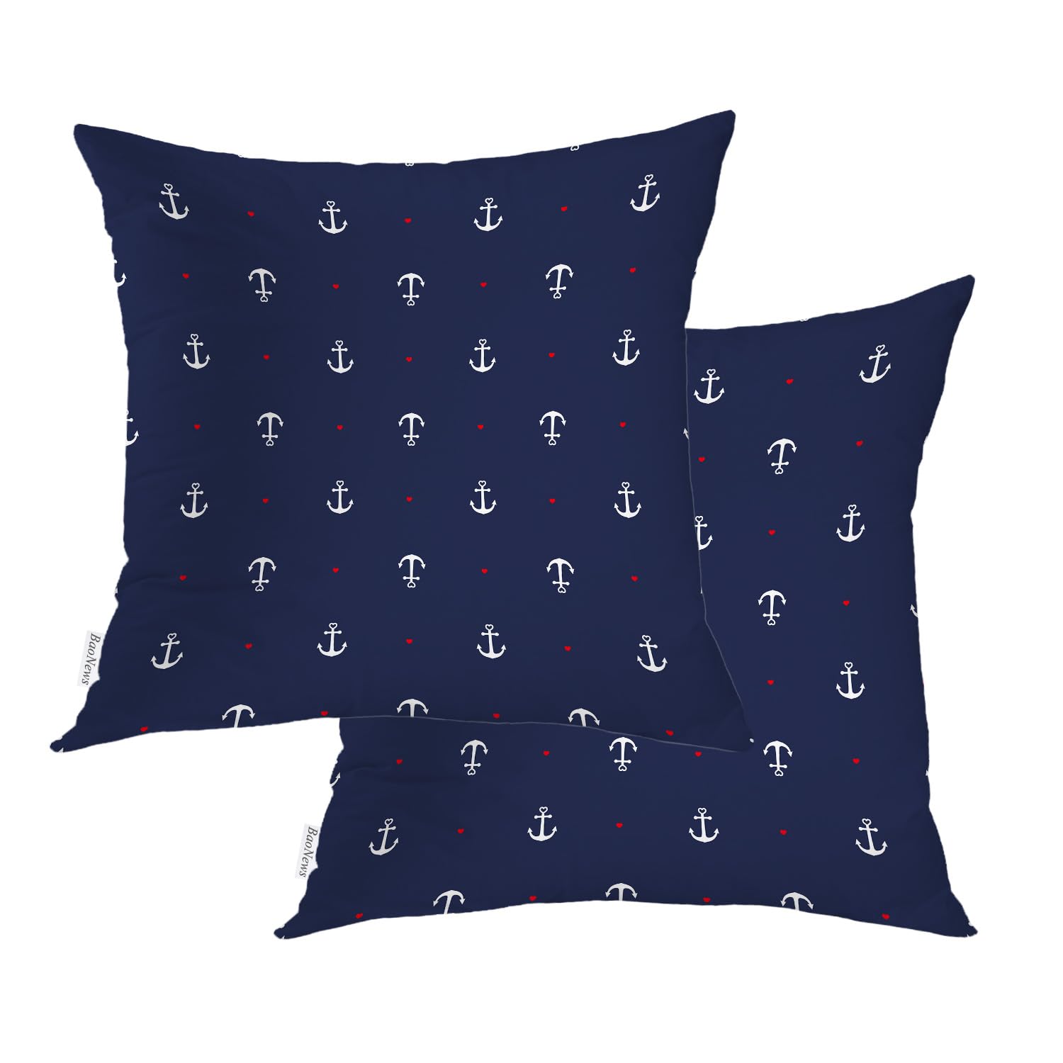 Nautical Coastal Decorative Pillow Covers 22x22 Inch - Blue & White Cotton Square Cushion Covers with Red Heart Design for Sofa, Bed, Boat, or Beach House Decor