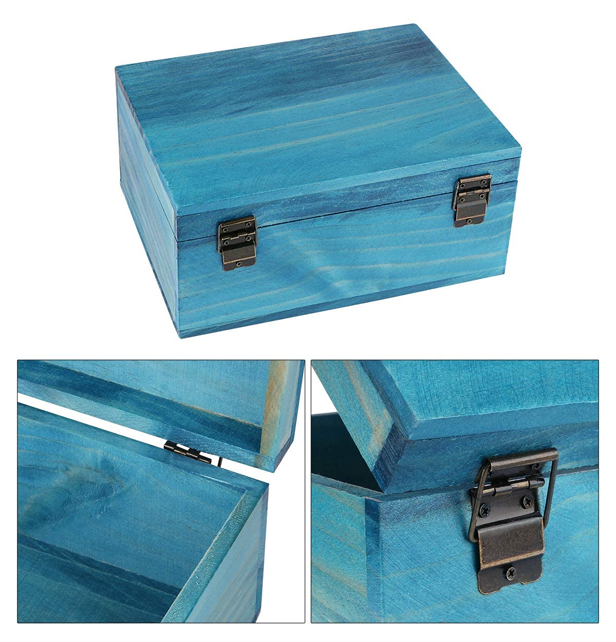 Handmade Blue Wooden Keepsake Box with Lock - Decorative Jewelry Storage Box for Gifts, Home Decor & Organizing - 9.3x7.6x4.5 Inch - Perfect for Wedding Rings, Heirlooms & Keepsake Storage