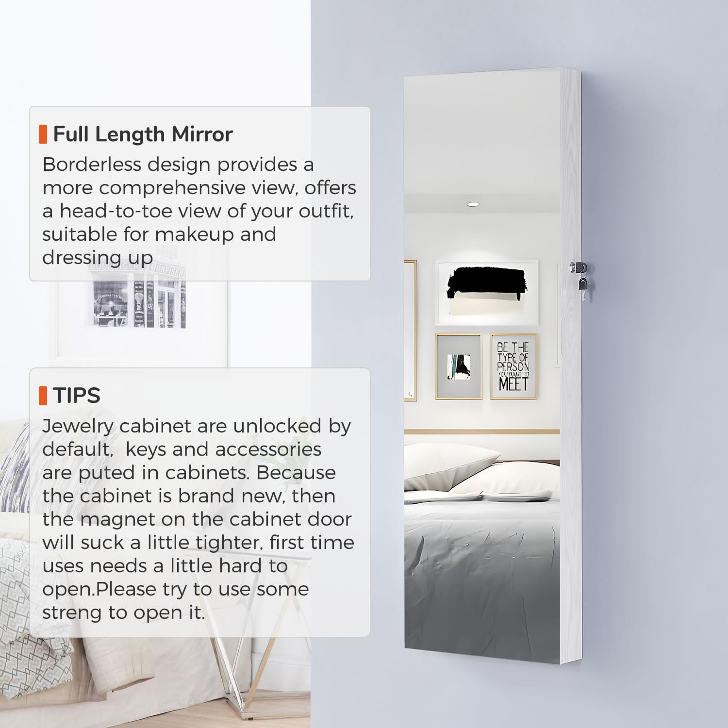 GISSAR Full Length Mirror Jewelry Cabinet with 6 LED Lights - Wall Mounted or Over The Door Hanging Jewelry Armoire - Lockable White Jewelry Organizer Storage for Bedroom, Closet & Dressing Room