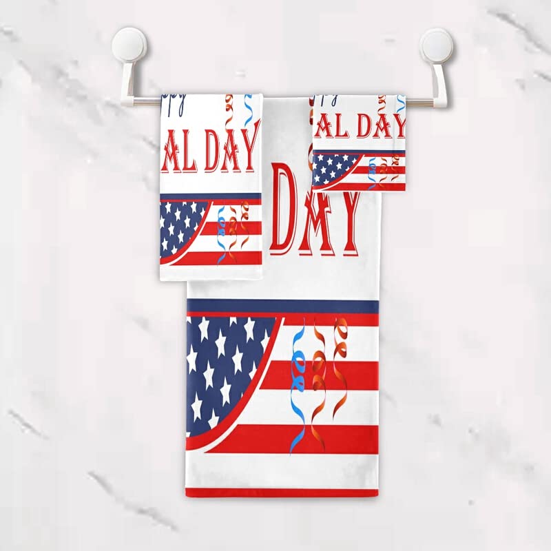 QUGRL Memorial Day Towels Set of 3 - American Flag Patriotic Bath Towels, Hand Towels & Washcloths | Super Soft Luxury Cotton Towel Set for Bathroom, Kitchen, Hotel, Beach, Gym & Spa | Perfect for 4th of July, Veterans Day & Patriotic Home Decor