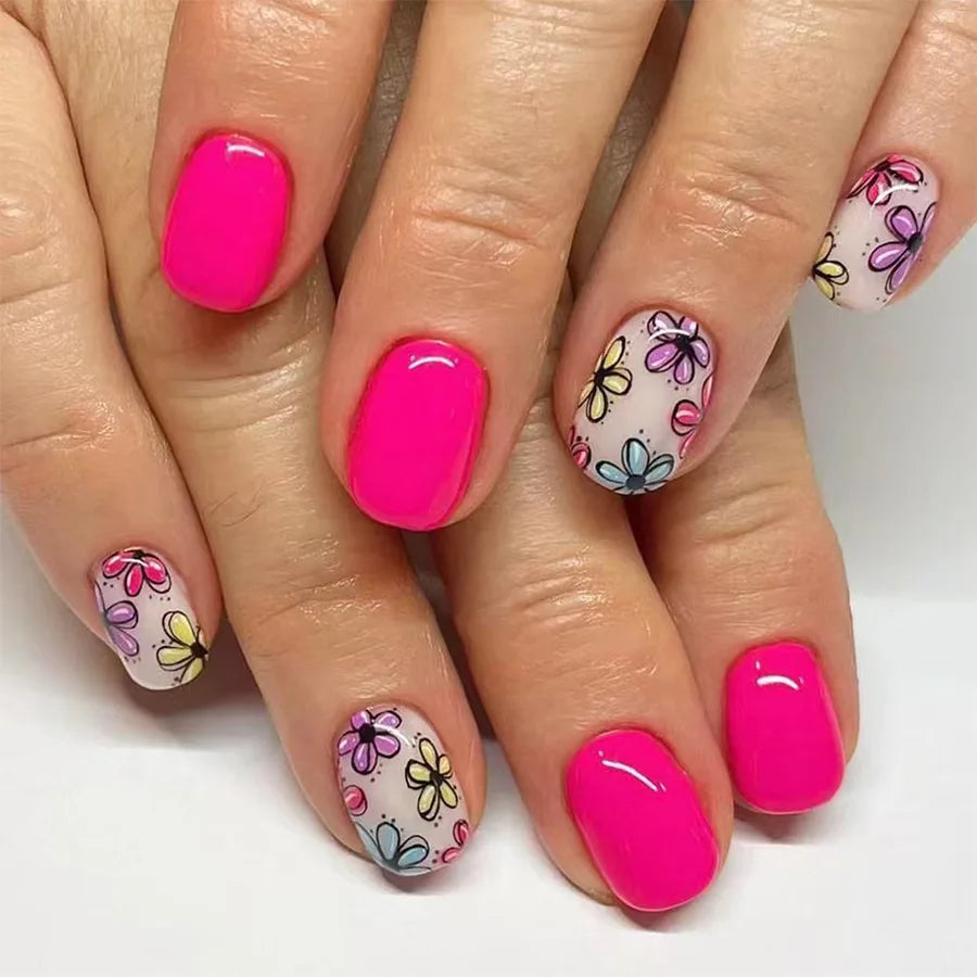 24Pcs Press on Nails - Short Square Fake Nails with Cute Flower Design, Multi Color Full Cover Nail Tips for Women | Easy to Apply, Perfect for Daily Wear, Parties & Special Occasions
