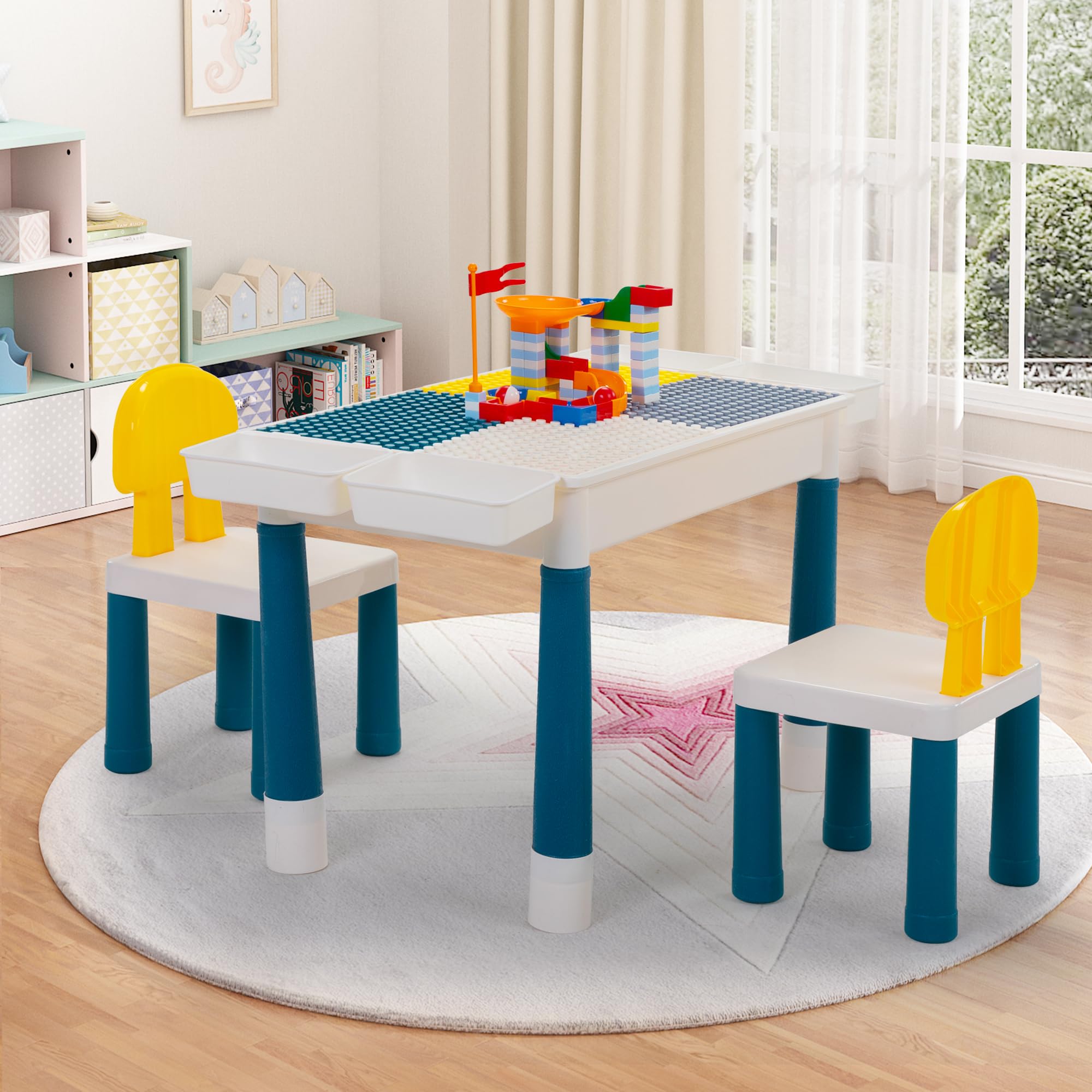 Sandinrayli 7-in-1 Kids Activity Table Set with 2 Chairs & 100Pcs Large Building Blocks - Compatible with Classic Blocks, Water & Sand Play Table, Toddler Learning & Play Center (Macaron) - Perfect for Preschool Classroom, Daycare Centers & Home Playroom Educational Toys