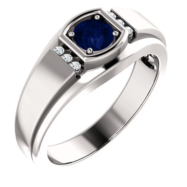 14K Gold Men's Sapphire and Diamond Ring - 0.60ct Sapphire & 0.09ctw Diamonds - Elegant Wedding Band, Anniversary Gift for Him, Engagement Ring for Men