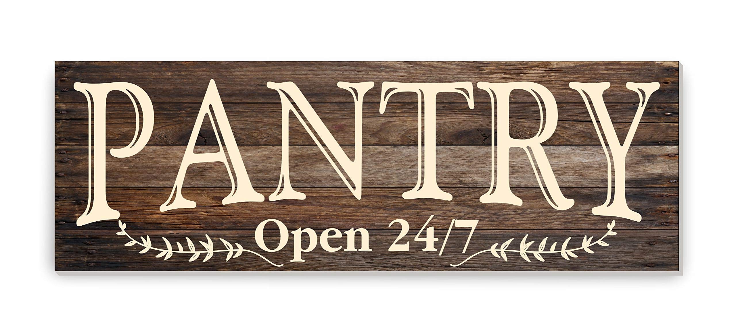 Rustic Brown Wood Wall Decor Sign 12x36 - Pantry Open 24/7 - Farmhouse Kitchen Decor for Pantry, Dining Room & Country Style Homes