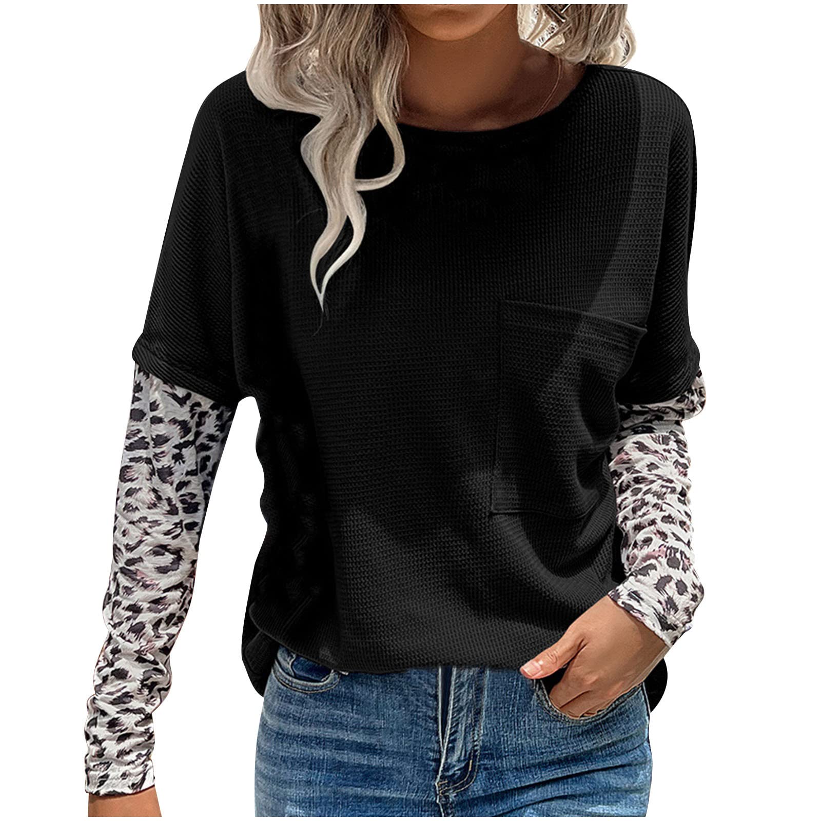 Women's Crewneck Waffle Knit Sweatshirt - Long Sleeve Leopard Print Patchwork Blouse, Casual Loose Fit Top for Fall Fashion | Perfect for Layering, Weekend Outfits & Cozy Loungewear