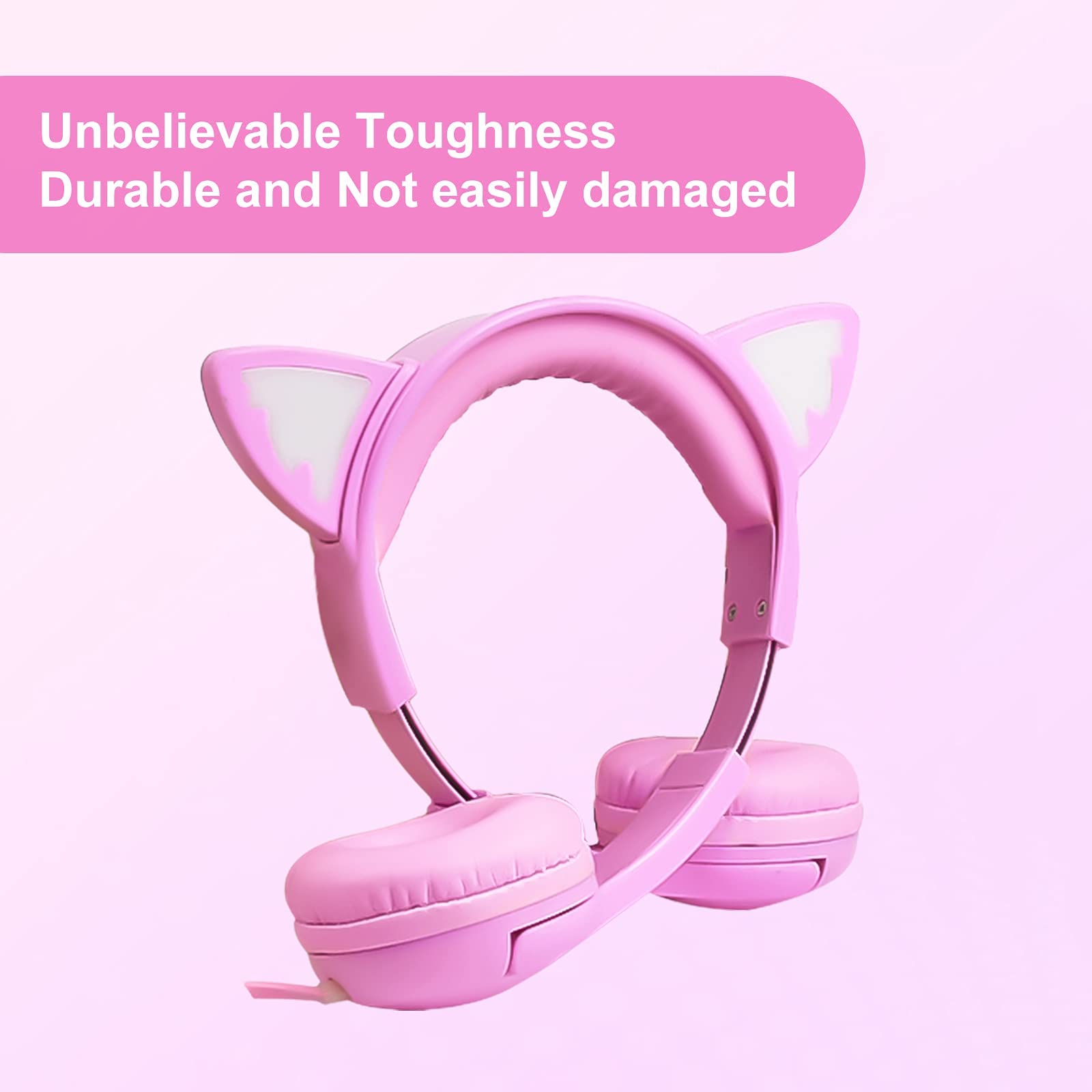 Olyre LED Light Up Cat Ear Headphones for Girls - 85dB Hearing Protection, Over-Ear Kids Headphones with 3.5mm Jack (Pink) - Perfect for School, Travel & Gaming