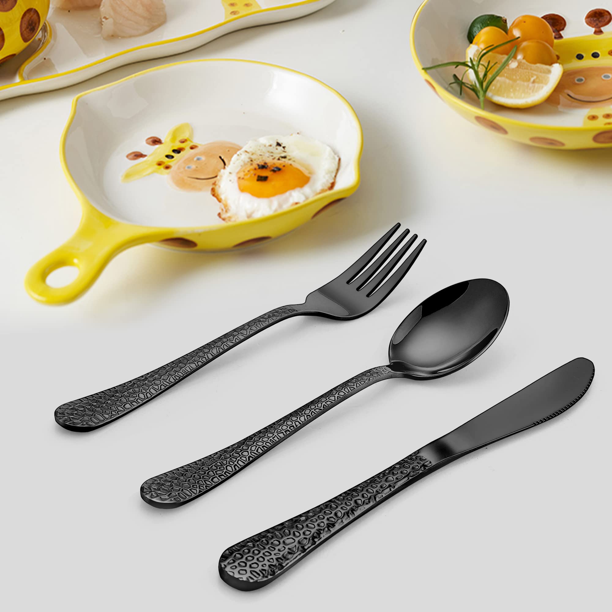 15-Piece Kids Stainless Steel Silverware Set - Black Hammered Toddler Utensils with Knives, Forks & Spoons | Dishwasher Safe Preschooler Flatware | Perfect for Birthday Gifts, Daycare Meals & Family Dining
