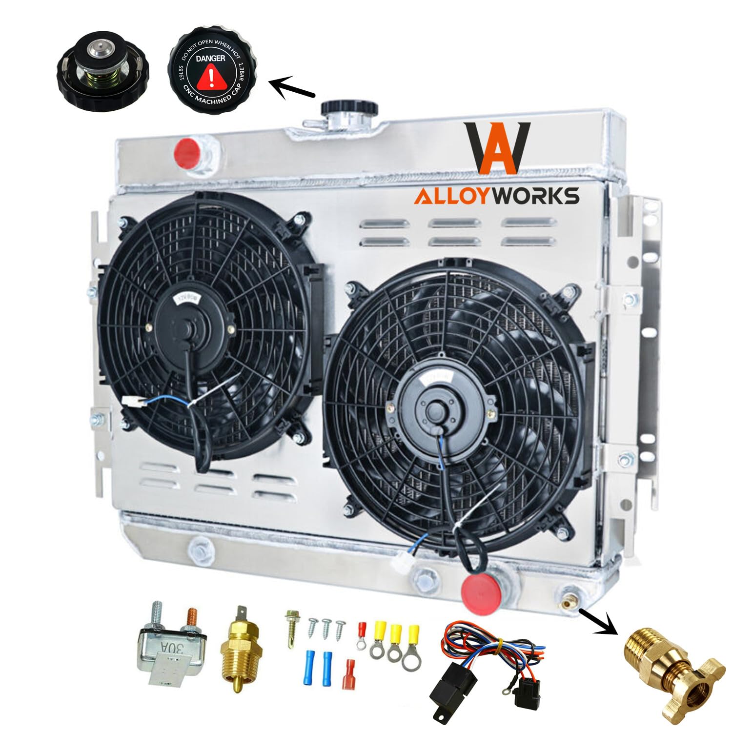 AlloyWorks 4-Row Core Aluminum Radiator with Shroud Fan & Thermostat - Compatible with 1963-1968 Chevy Bel Air, Impala, Biscayne, El Camino, Caprice (AT/MT) - High-Performance Cooling Upgrade for Classic Car Restoration & Hot Rod Builds