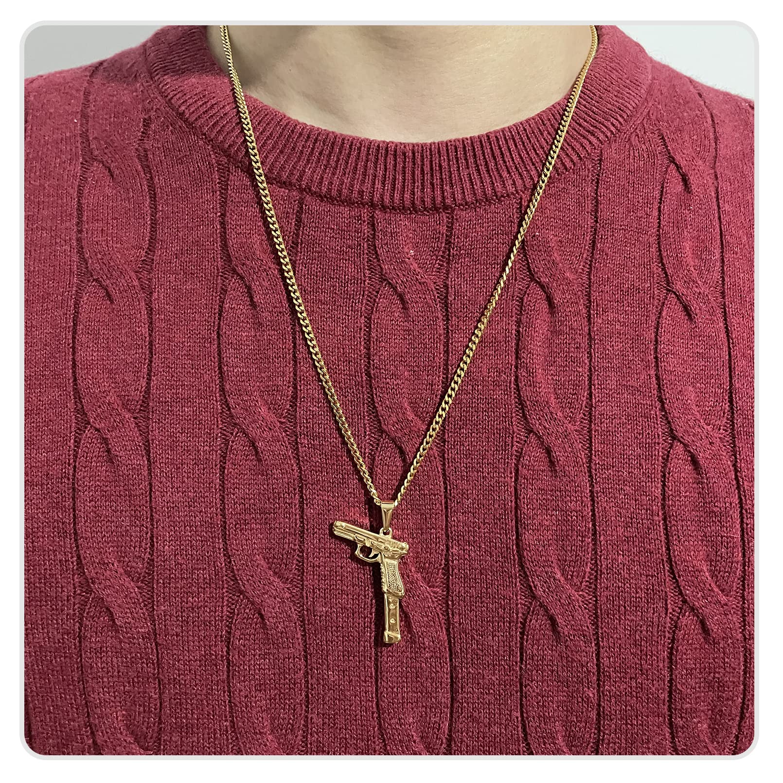 Hip Hop Stainless Steel Gang Gun Tag Pendant Necklace with 24