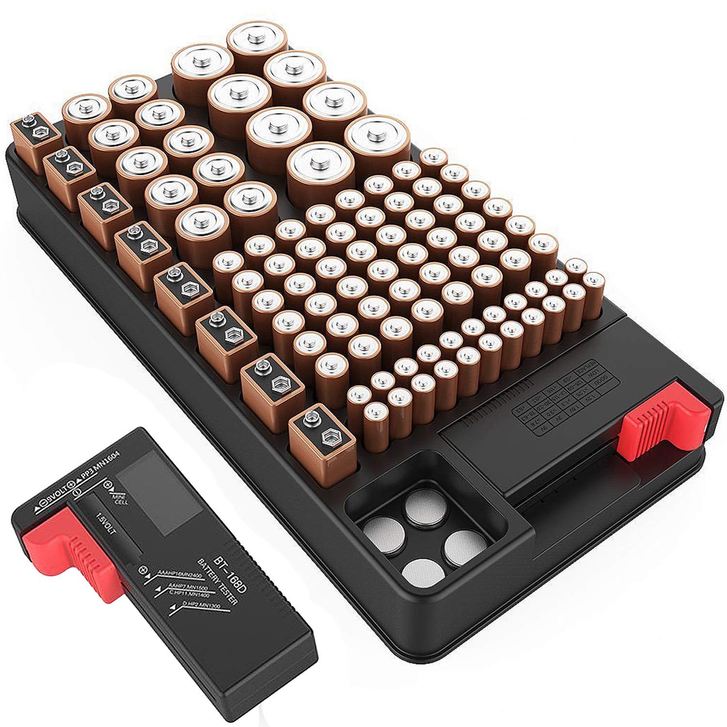 Battery Organizer Storage Case with Digital Tester - Holds 110 AAA, AA, C, D, 9V & Button Batteries | Portable Battery Storage Box with Removable Tester for Home, Office, Emergency Kits & Travel