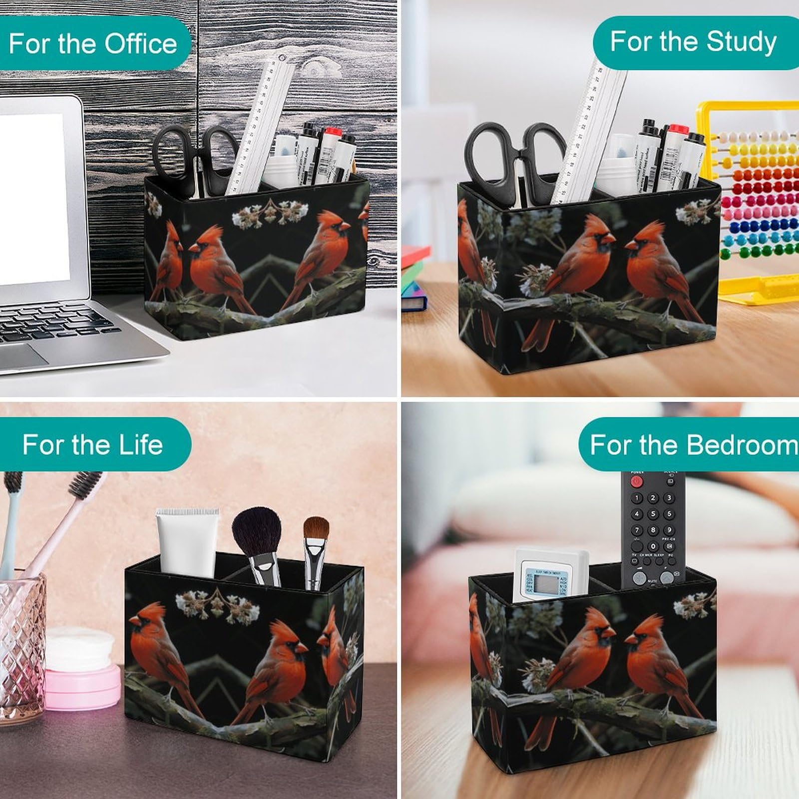 Premium Leather Pen Holder with 2 Compartments - Cardinals Birds Design Square Pencil Case for Home & Office Desk Organization - Perfect Gift for Writers, Students & Professionals