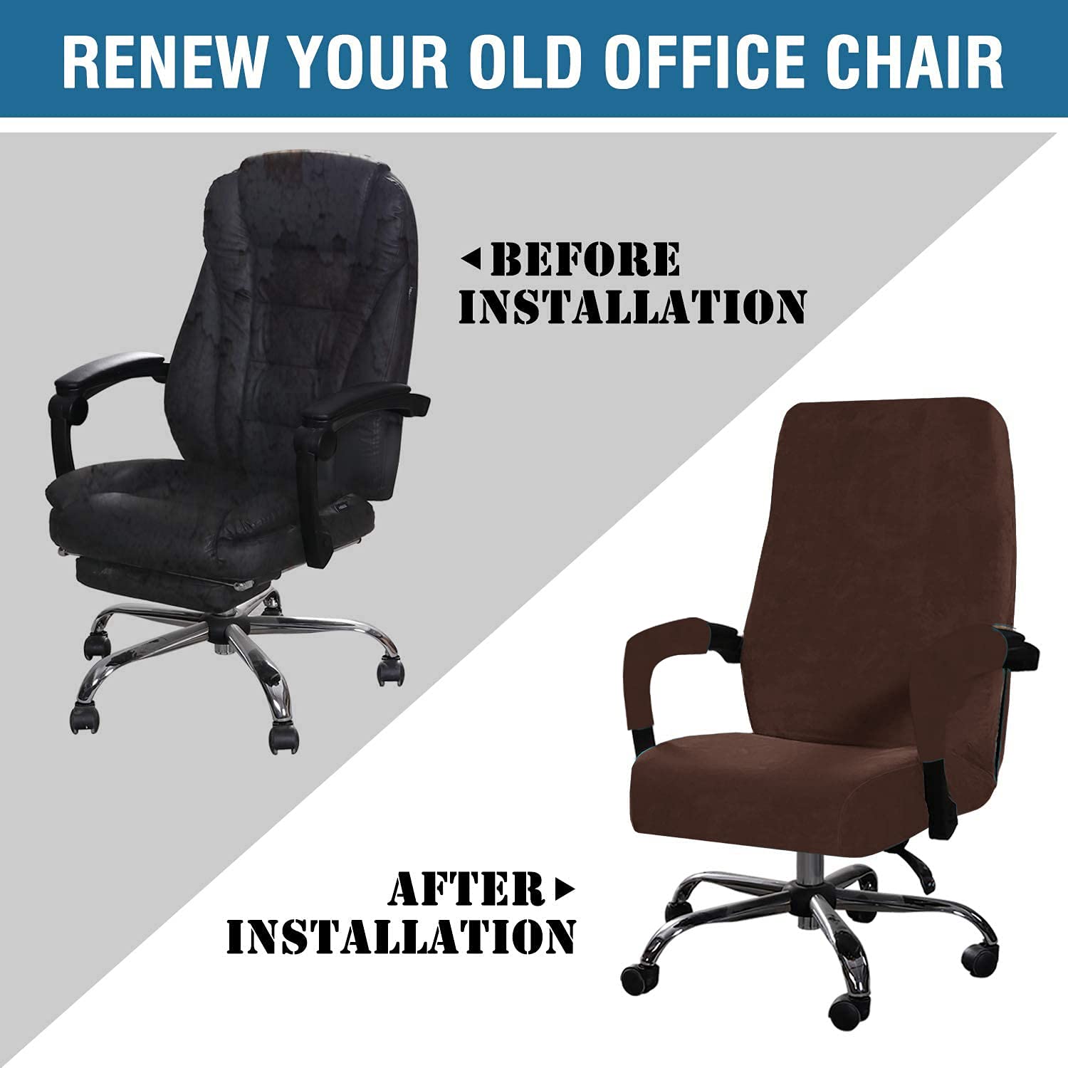 Stretchable Velvet Office Chair Cover - Removable & Washable Universal Elastic Slipcover for Computer, High Back & Rotating Chairs - Modern Simplism Design (Dark Brown, Large) - Perfect for Home Office, Gaming & Workspace Decor