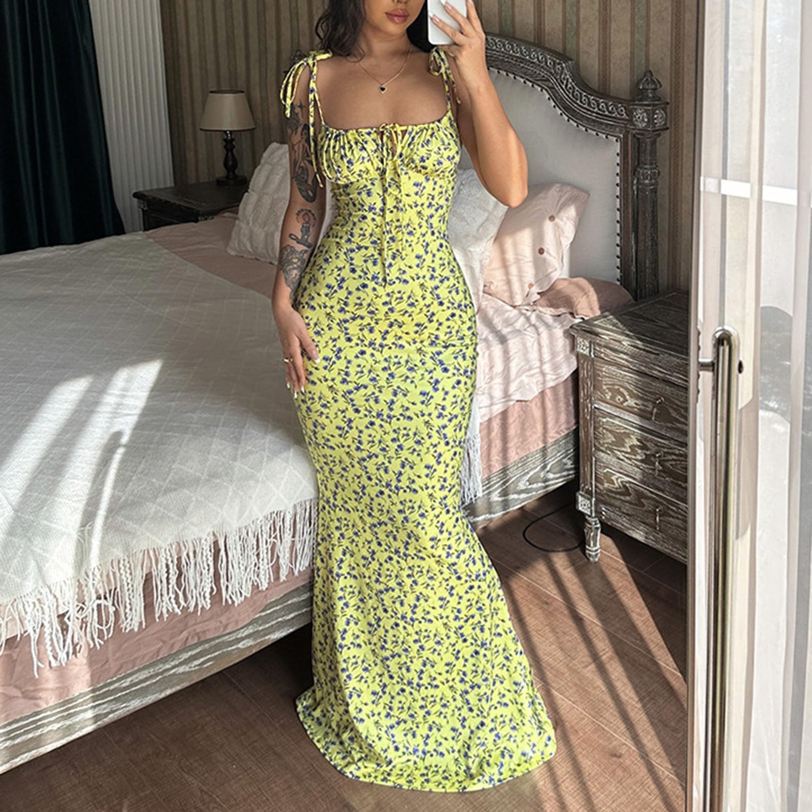 Women's Summer Bodycon Maxi Dress - Sleeveless Tie Shoulder Boho Floral Sundress for Wedding Guest, Party & Beach | Y2K Sexy Fashion