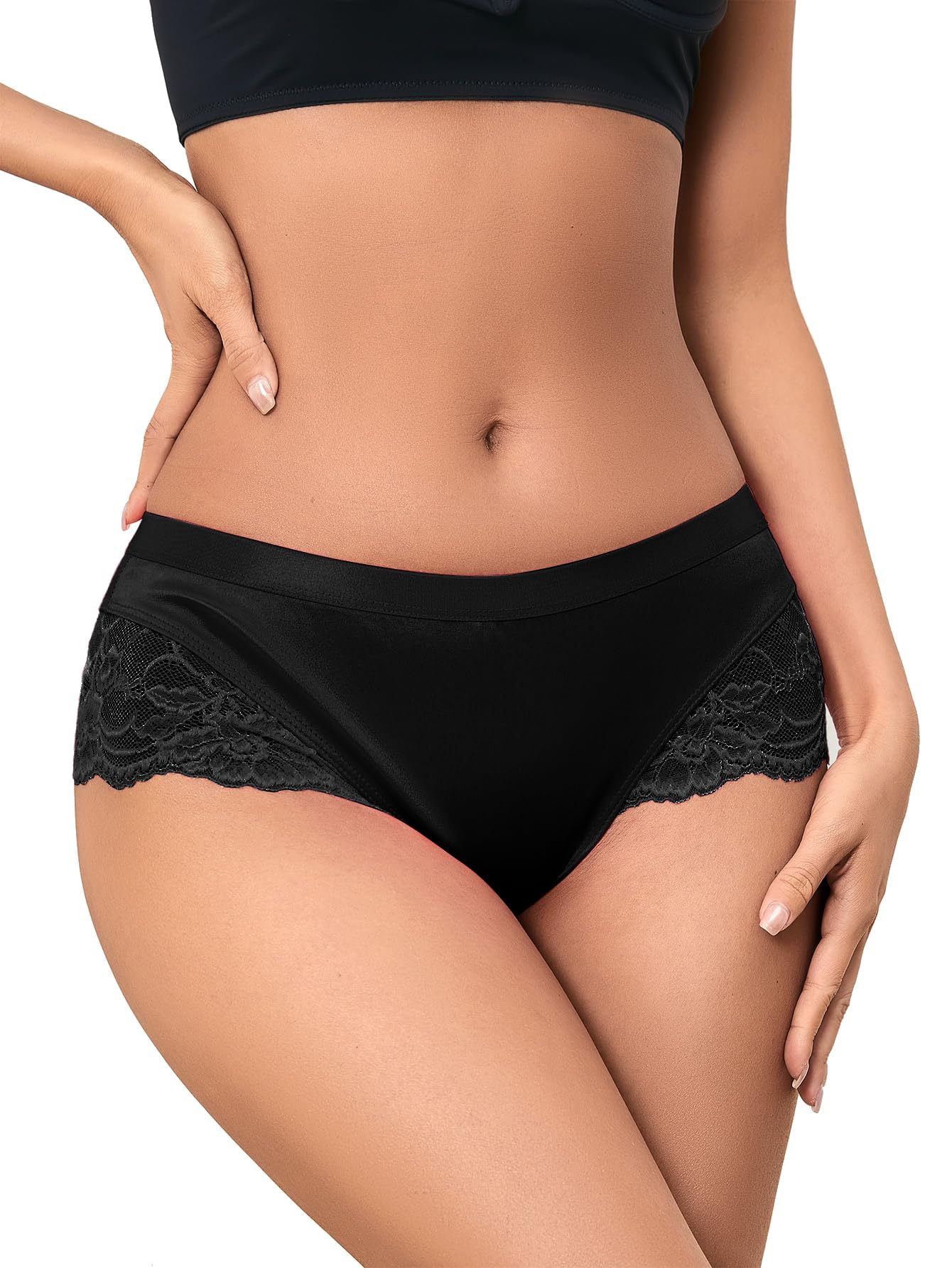 Milumia Women's Sexy Lace Satin Panties - Mid Waist Bikini Briefs with Silk Trim - Breathable Underwear for Daily Wear & Special Occasions