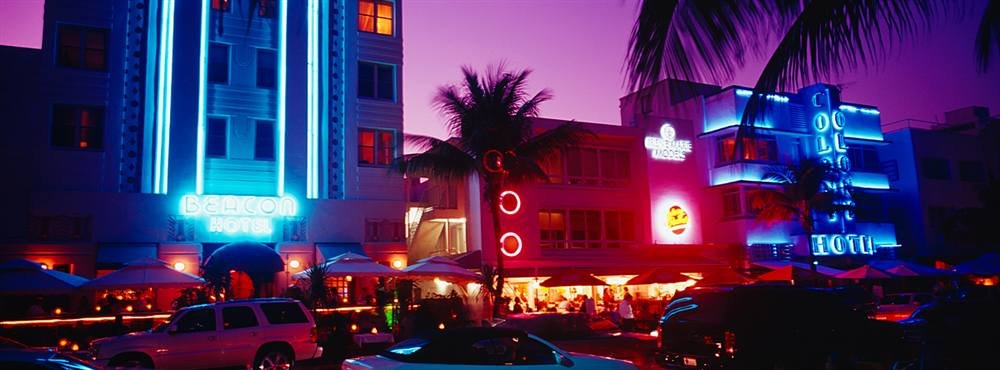 Peel & Stick Wall Mural - Miami Hotel Night Scene Wallpaper (24x9 inches) | Self-Adhesive Removable Decal for Bedroom, Living Room & Office Decor