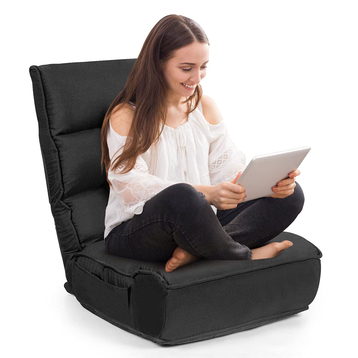 SAFSTAR Adjustable Folding Floor Chair - 5-Position Headrest & 4-Position Backrest Gaming Chair with Thick Cushion & Side Pocket - Comfortable Padded Seat for Living Room, Bedroom, Gaming, Reading & Relaxing