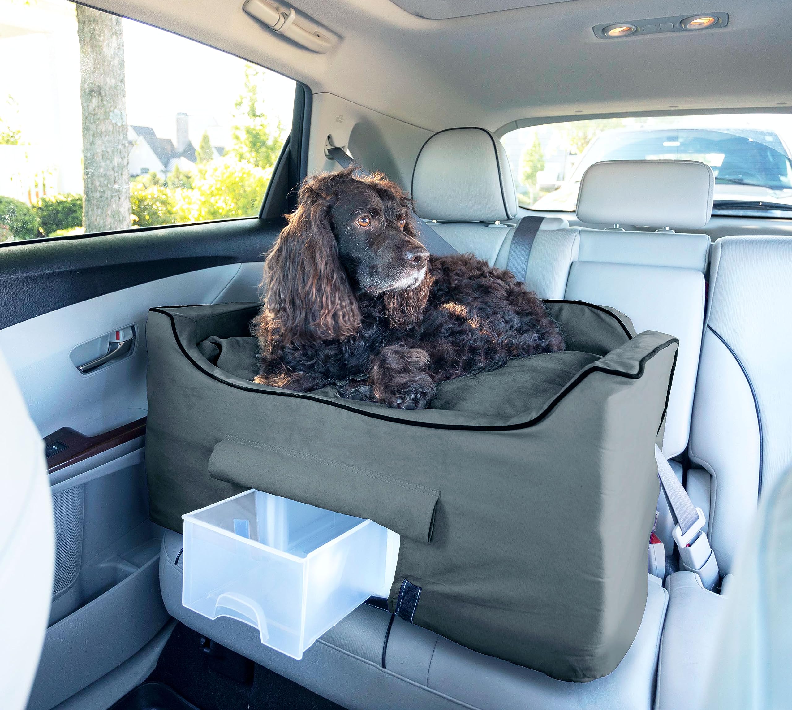 Snoozer Lookout II Medium Dog Booster Car Seat with Storage Tray & Washable Cover - Pet Car Seat for Car Sickness Prevention, Includes Safety Harness Strap (Anthracite) - Perfect for Road Trips & Vet Visits