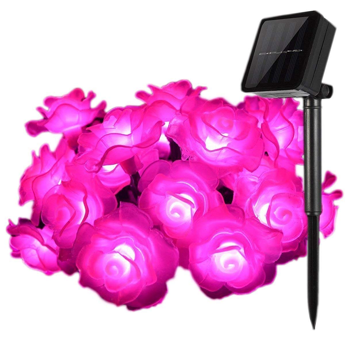 Solar Powered Rose Flower String Lights - 50 LED Waterproof Outdoor Fairy Lights for Garden, Patio, Lawn, Wedding & Party Decorations (Pink) | Perfect for Romantic Evenings, Backyard Gatherings & Holiday Celebrations