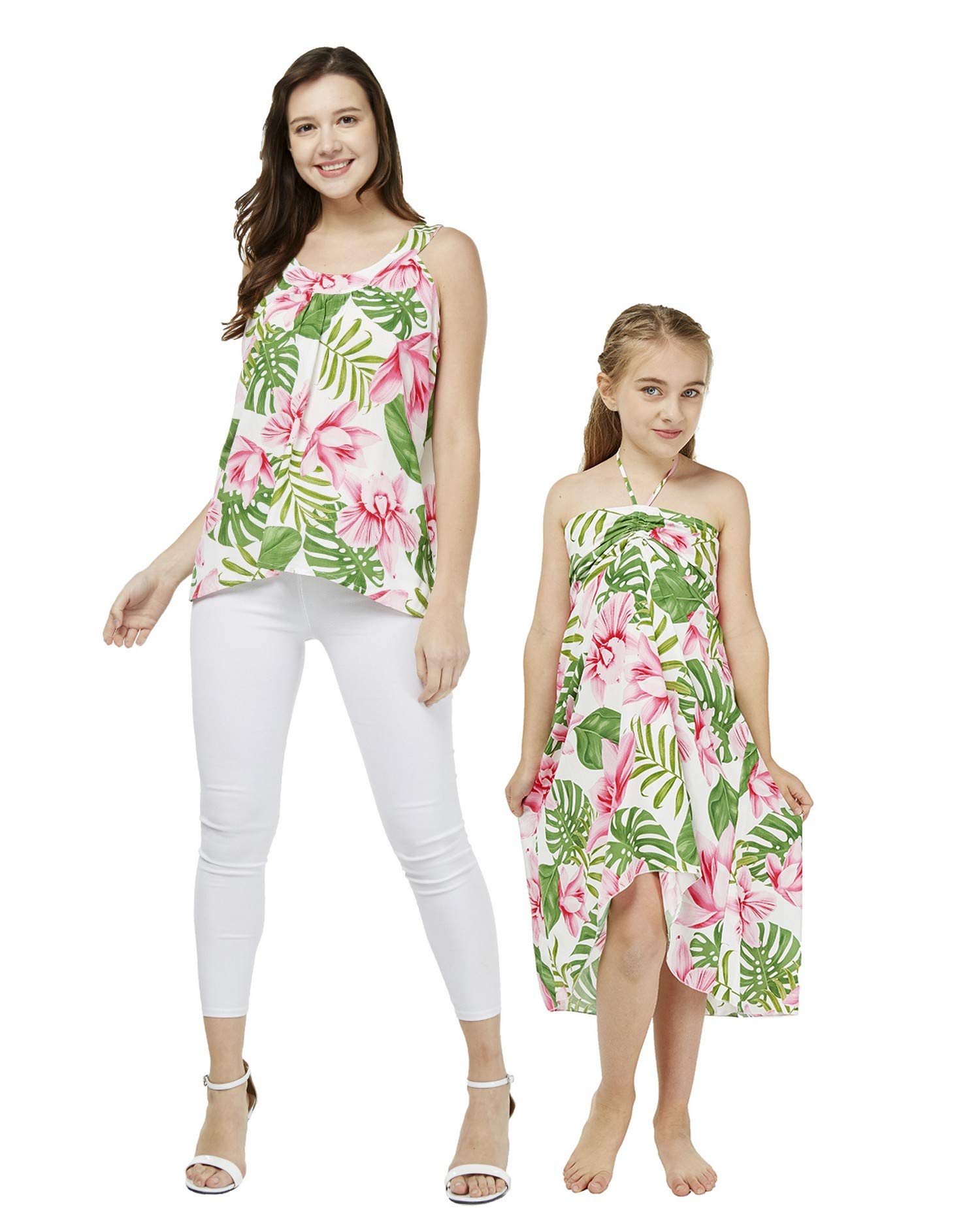 Hawaiian Luau Matching Mother Daughter Outfits - Floral Print Tank Top & Halter Dress Set in Wispy Cereus Black | Perfect for Beach Vacations, Summer Parties & Family Photoshoots