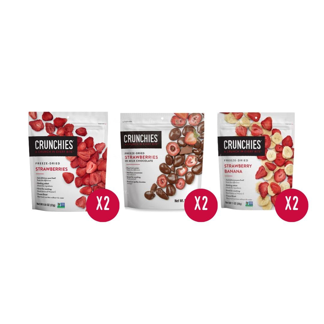 Crunchies Freeze-Dried Strawberry Variety Pack - 100% Natural, Non-GMO, Kosher Crispy Fruit Snacks | Resealable Packs of 6 | Perfect for Healthy On-the-Go Snacking, Lunch Boxes & Camping Trips