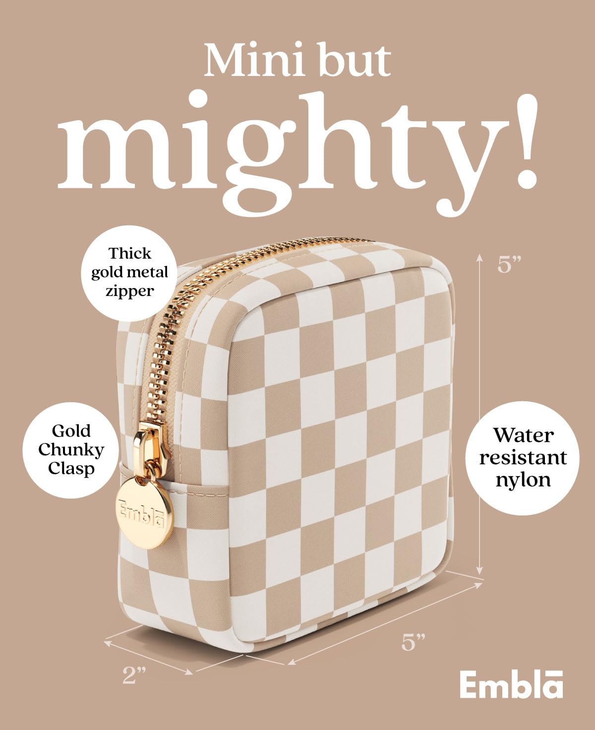 Embla Makeup Bag Travel Cosmetic Organizer - Waterproof Nylon Zipper Pouch for Women, Mini Toiletry Bag with Sand Checkered Pattern | Perfect for Travel, Gym, Daily Use & Cosmetic Storage