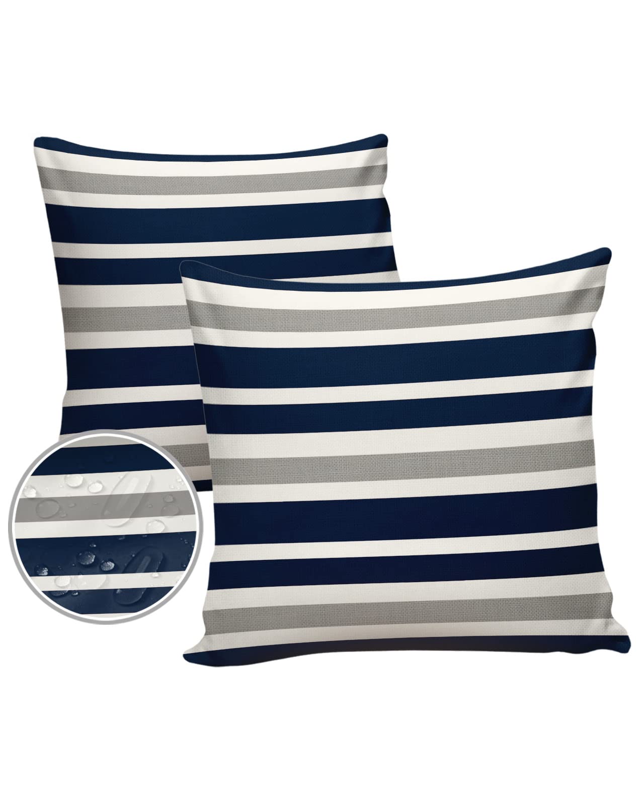 Waterproof Outdoor Throw Pillow Covers 20x20 Inch - Navy Blue & Gray White Stripes - Set of 2 Polyester Cushion Covers for Patio Furniture, Garden Chairs, Sofa, Couch - All-Weather Home Decor for Backyard, Porch, Living Room