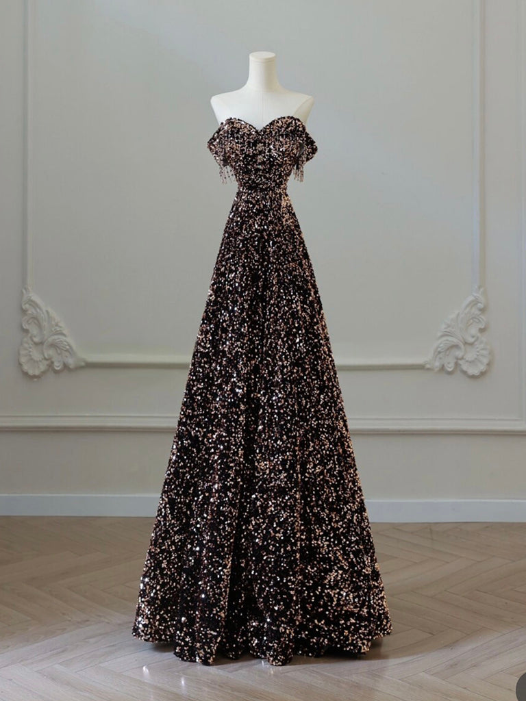 Elegant Off Shoulder A-Line Coffee Gold Sequin Long Prom Dress | Formal Evening Gown for Homecoming, Wedding, Party | Perfect for Special Occasions & Red Carpet Events